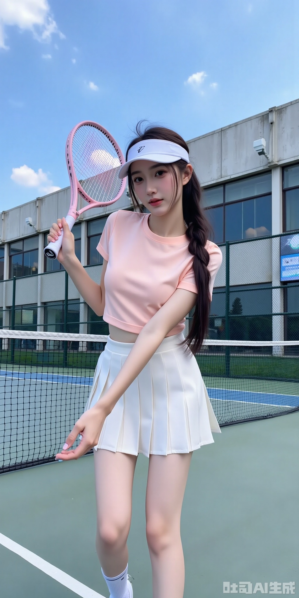 The image is a high-resolution photograph taken outdoors on a tennis court. The subject is a young woman with a fair complexion and long, dark hair tied back in a ponytail. She is wearing a light pink, short-sleeved tennis shirt and a white pleated tennis skirt. On her feet, she has knee-high white socks and white tennis shoes. She also sports a white visor cap that covers her forehead and eyes. The woman is holding a tennis racket with a pink grip, which she is swinging in a dynamic pose, creating a sense of motion and action.

In the background, there is a large building with a modern, industrial design, featuring large windows and a partially visible sign in Chinese characters. The sky is clear with a few scattered clouds, suggesting a sunny day. The tennis court has a black net and green surface. The overall composition of the image is vibrant and energetic, capturing the essence of a sunny day at a tennis court. The photograph is well-lit with natural sunlight, enhancing the colors and details.