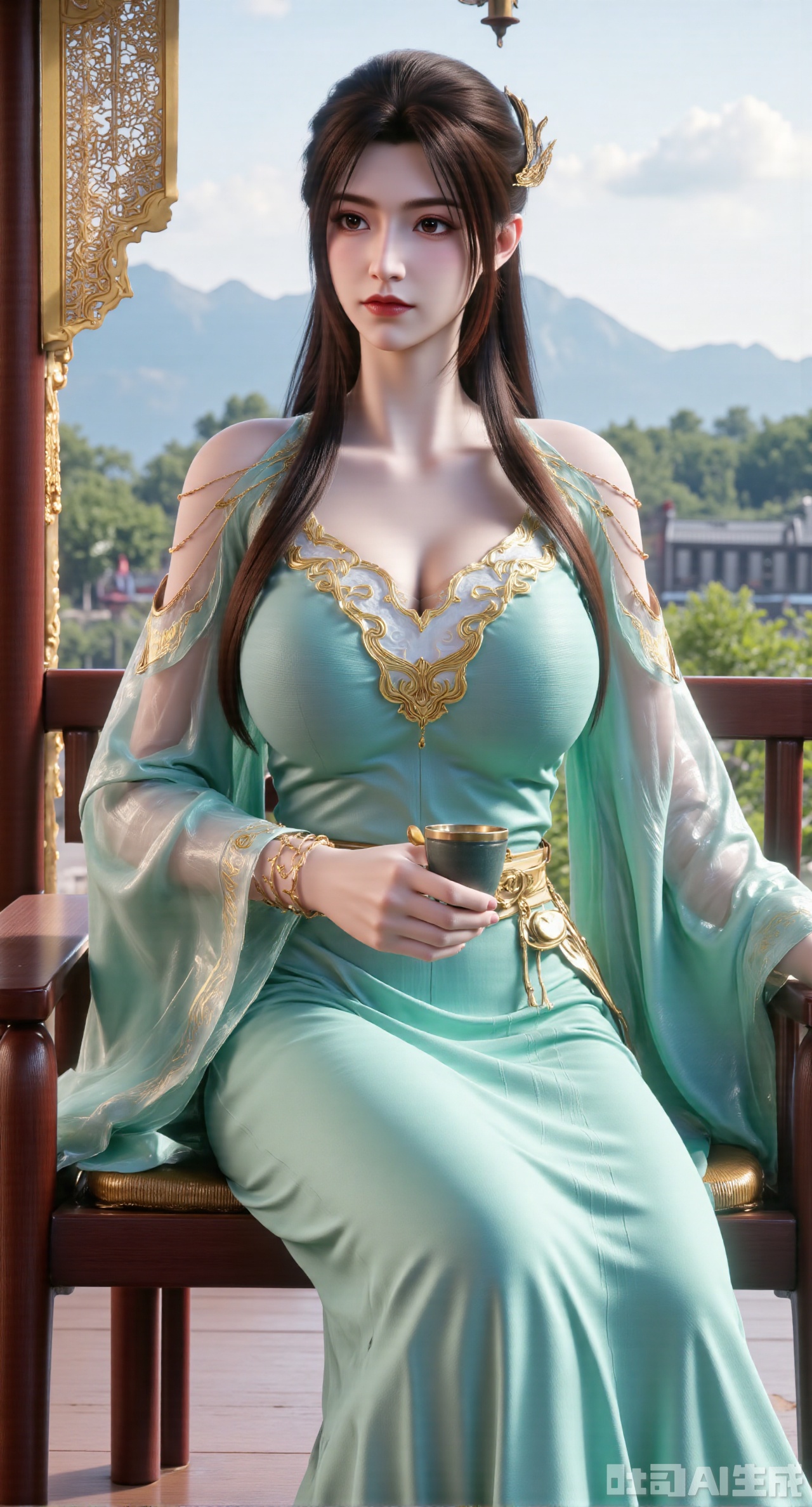  (masterpiece:1.2),best quality,(UE5.5,rendered with Unreal Engine 5,Unreal Engine 5,CG rendering:1.1), A serene and gentle beauty dons a light cyan cross-collar ruqun, the skirt embroidered with bamboo leaves and dewdrops, paired with a mint-green long cape. Sitting on a bamboo rocking chair, she holds a celadon tea cup. Bamboo curtains sway behind her, and distant mountains are veiled in mist. Morning light casts a soft glow on her skirt. Realistic texture of bamboo weaving, glazed luster of celadon, soft draping of fabric, soft morning light representation, cozy atmosphere rendering, fine details of hair and fabric.,(huge breasts:2.99), (full breasts:2.99),Xgechuanguangchongstyle,Xyuanxionggirl,Xyunxiao,XyunxiaoYK,Xdixionglianyiqun,Xmiaozufushi,Xqilinxianzi,XTifaLockhart,Xjinshenjianshenfu,Xbigbreasts,Xrixirenxiangsheying,XzhaoxiangerX,Xnanxiaochen2
