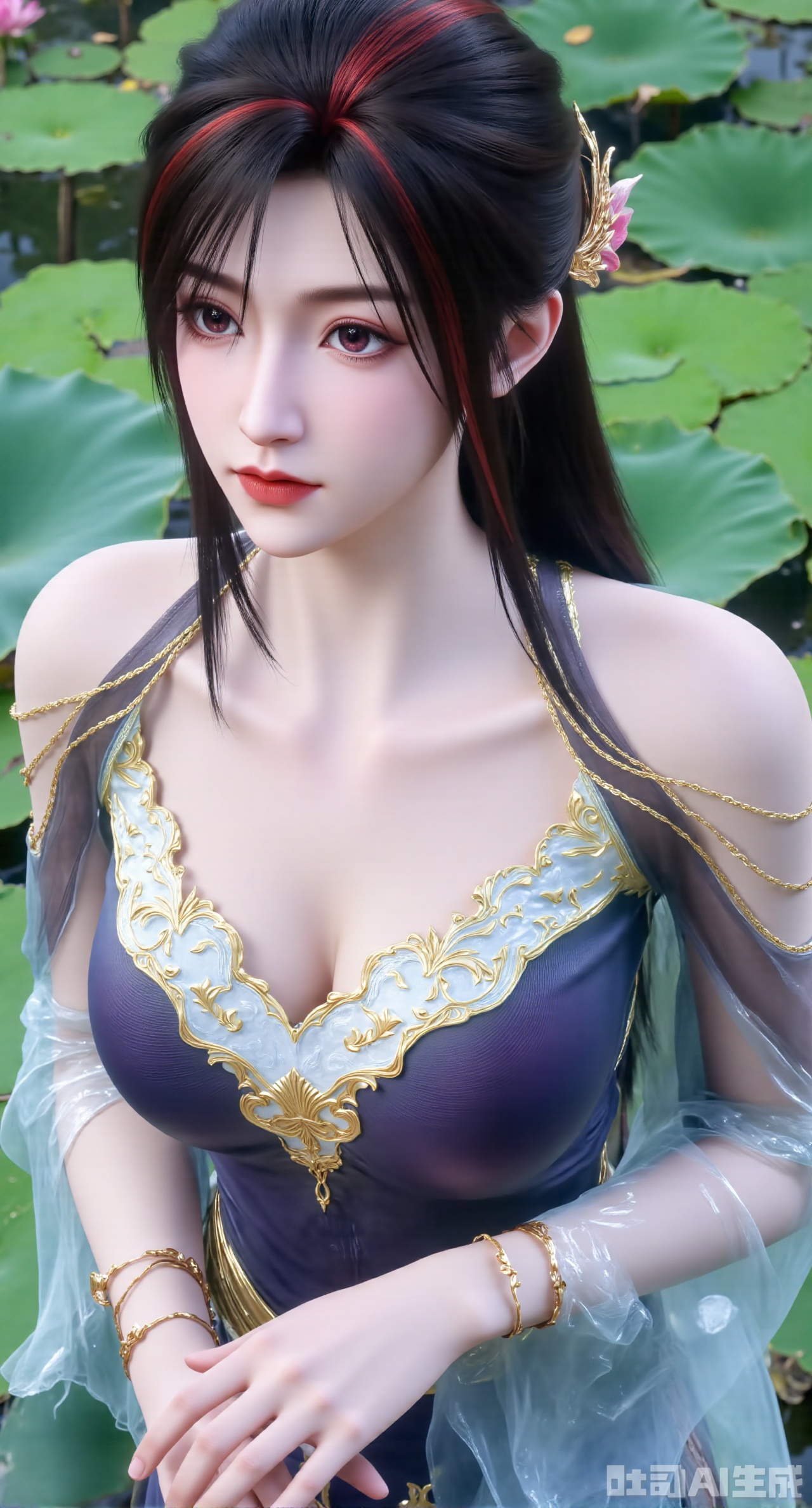  (masterpiece, best quality:1.2),1girl, navel, solo, midriff, bare shoulders, hair ornament, flower, hair flower, black hair, red lips,BREAK, (looking at viewer:1.39), chinese clothes,(Holographic pink|green dress:1.39), (lace,Rainbow Gradient Color:1.29),BREAK,purple eyes,blurry, solo focus, long hair, lips, daytime, lipstick, outdoors, (upper body,,Long legs:1.29), blurry,(huge breasts,full breasts:1.41), background, 1girl, makeup, hair bun,Xyunxiao,(Blue sky:1.39),(Suzhou Garden Lotus Pond,pink lotus,green Lotus Leaf:1.39),(huge breasts:2.99), (full breasts:2.99),gechuanguangchongstyle,Xyuanxionggirl,Xyunxiao,XyunxiaoYK,Xdixionglianyiqun,Xmiaozufushi,Xqilinxianzi,XTifaLockhart,Xjinshenjianshenfu,Xbigbreasts,Xrixirenxiangsheying,XzhaoxiangerX,Xnanxiaochen2