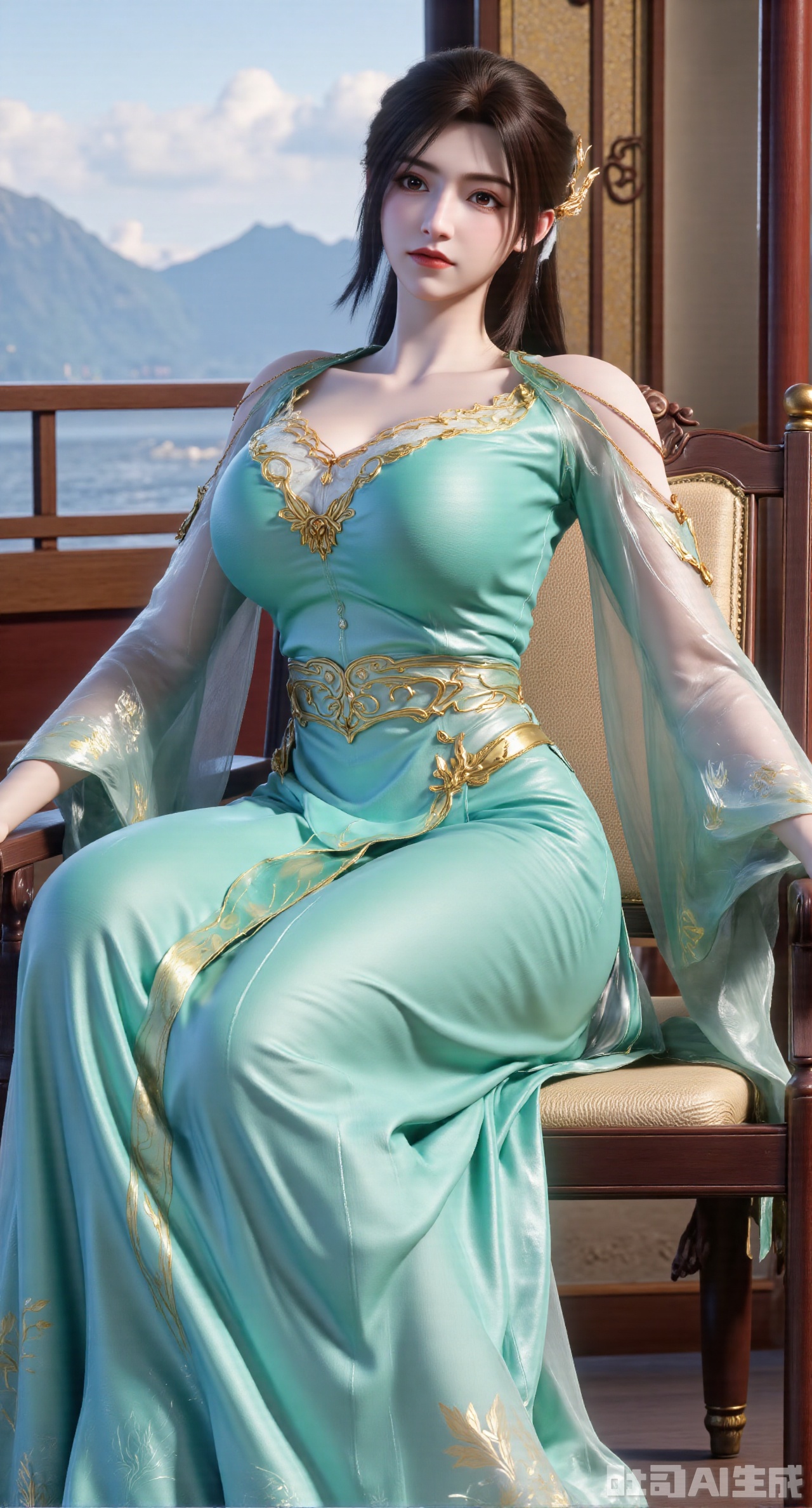  (masterpiece:1.2),best quality,(UE5.5,rendered with Unreal Engine 5,Unreal Engine 5,CG rendering:1.1), A serene and gentle beauty dons a light cyan cross-collar ruqun, the skirt embroidered with bamboo leaves and dewdrops, paired with a mint-green long cape. Sitting on a bamboo rocking chair, she holds a celadon tea cup. Bamboo curtains sway behind her, and distant mountains are veiled in mist. Morning light casts a soft glow on her skirt. Realistic texture of bamboo weaving, glazed luster of celadon, soft draping of fabric, soft morning light representation, cozy atmosphere rendering, fine details of hair and fabric.,(huge breasts:2.99), (full breasts:2.99),Xgechuanguangchongstyle,Xyuanxionggirl,Xyunxiao,XyunxiaoYK,Xdixionglianyiqun,Xmiaozufushi,Xqilinxianzi,XTifaLockhart,Xjinshenjianshenfu,Xbigbreasts,Xrixirenxiangsheying,XzhaoxiangerX,Xnanxiaochen2