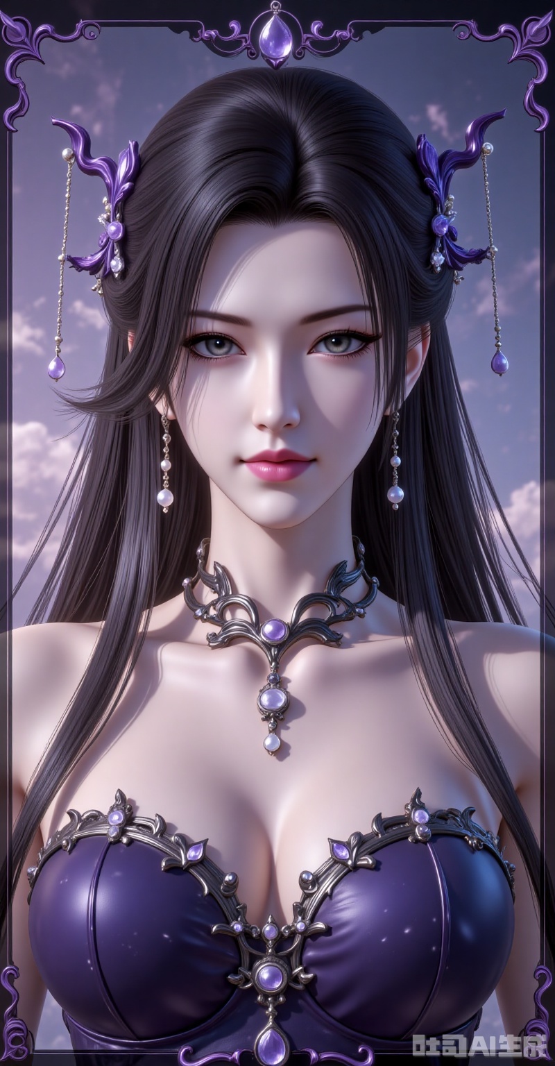 mingzhufuren,black hair,long hair,jewelry,earrings,hair_ornament,grey eyes, 1girl,solo,earrings,jewelry,looking at viewer,breasts,tarot,collarbone,upper body,dress,closed mouth,card \(medium\),tarot \(medium\),frills,border,15,cover,simple background,gradient background,close-up details,outstanding style,(baoshi),adding a touch of dimension to your images without compromising details,close-up, lvjing




