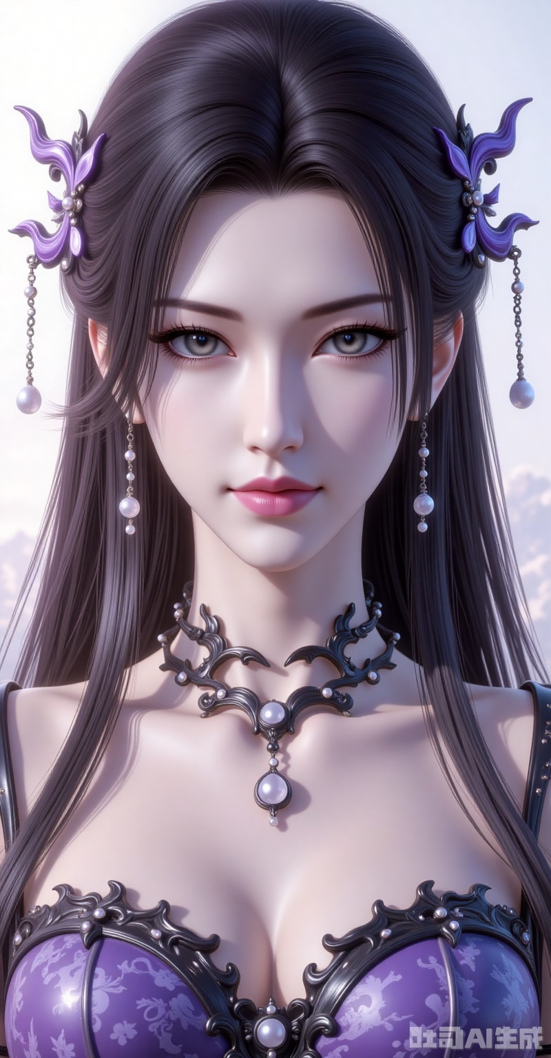 mingzhufuren,black hair,long hair,jewelry,earrings,hair_ornament,grey eyes, 1girl,upper_body,dress,white_background,,cover,gradient background,close-up details,outstanding style,adding a touch of dimension to your images without compromising details,close-up, lvjing



