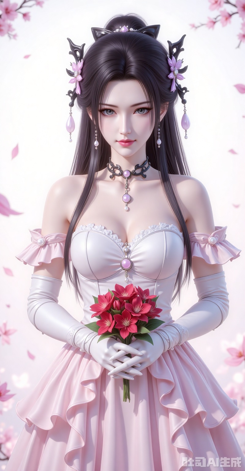 mingzhufuren,black hair,long hair,jewelry,earrings,hair_ornament,grey eyes, elbow_gloves,frilled_skirt,holding_bouquet,highres,cherry_blossoms,strapless_dress,white_gloves,looking_at_viewer,red_flower,solo,collarbone,own_hands_together,:d,white_background,backlighting,black_bow,bare_shoulders,frilled_dress,hair_bow,wedding_dress,commentary_request,1girl,petals,simple_background,blush,cowboy_shot, cover,gradient background,close-up details,outstanding style,adding a touch of dimension to your images without compromising details,close-up, lvjing




