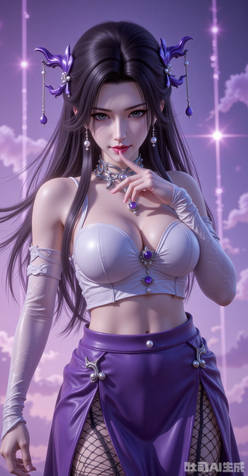 mingzhufuren,black hair,long hair,jewelry,earrings,hair_ornament,grey eyes, from side,dancing,from above,pov,finger to mouth,arm under breasts,dutch angle,perspective,large breasts,inoyamanakathelast,1girl,solo,looking at viewer,earrings,lipstick,crop top,elbow warmers,midriff,purple skirt,long skirt,fishnet pantyhose,half closed eyes,smile, cover,gradient background,close-up details,outstanding style,adding a touch of dimension to your images without compromising details,close-up, lvjing

