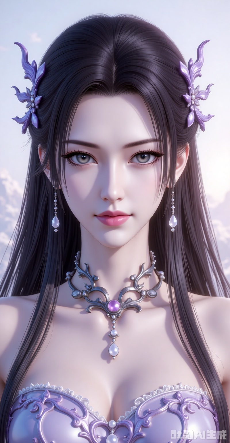 mingzhufuren,black hair,long hair,jewelry,earrings,hair_ornament,grey eyes, 1girl,upper_body,dress,white_background,,cover,gradient background,close-up details,outstanding style,adding a touch of dimension to your images without compromising details,close-up, lvjing



