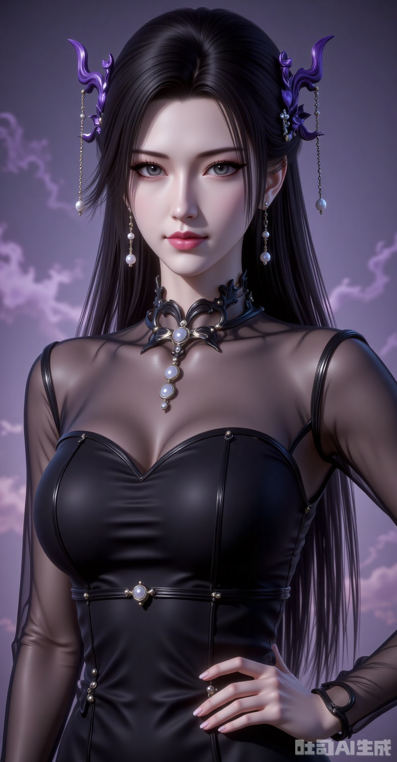 mingzhufuren,black hair,long hair,jewelry,earrings,hair_ornament,grey eyes, 1girl,solo,jewelry,earrings,see-through,dress,upper body,black dress,hand on own hip,breasts,see-through sleeves, 
, cover,gradient background,close-up details,outstanding style,adding a touch of dimension to your images without compromising details,close-up, lvjing




