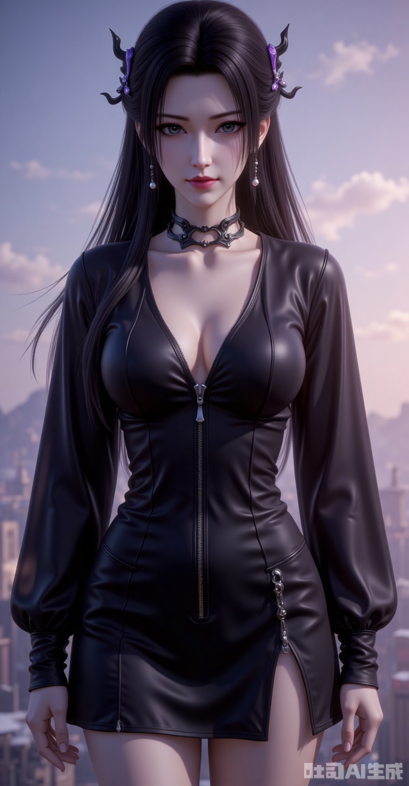 mingzhufuren,black hair,long hair,jewelry,earrings,hair_ornament,grey eyes, 1girl,solo,breasts,cleavage,dress,large breasts,black dress,cowboy shot,partially unzipped,short dress,zipper,looking at viewer,long sleeves,simple background,arms at sides, cover,gradient background,close-up details,outstanding style,adding a touch of dimension to your images without compromising details,close-up, lvjing

