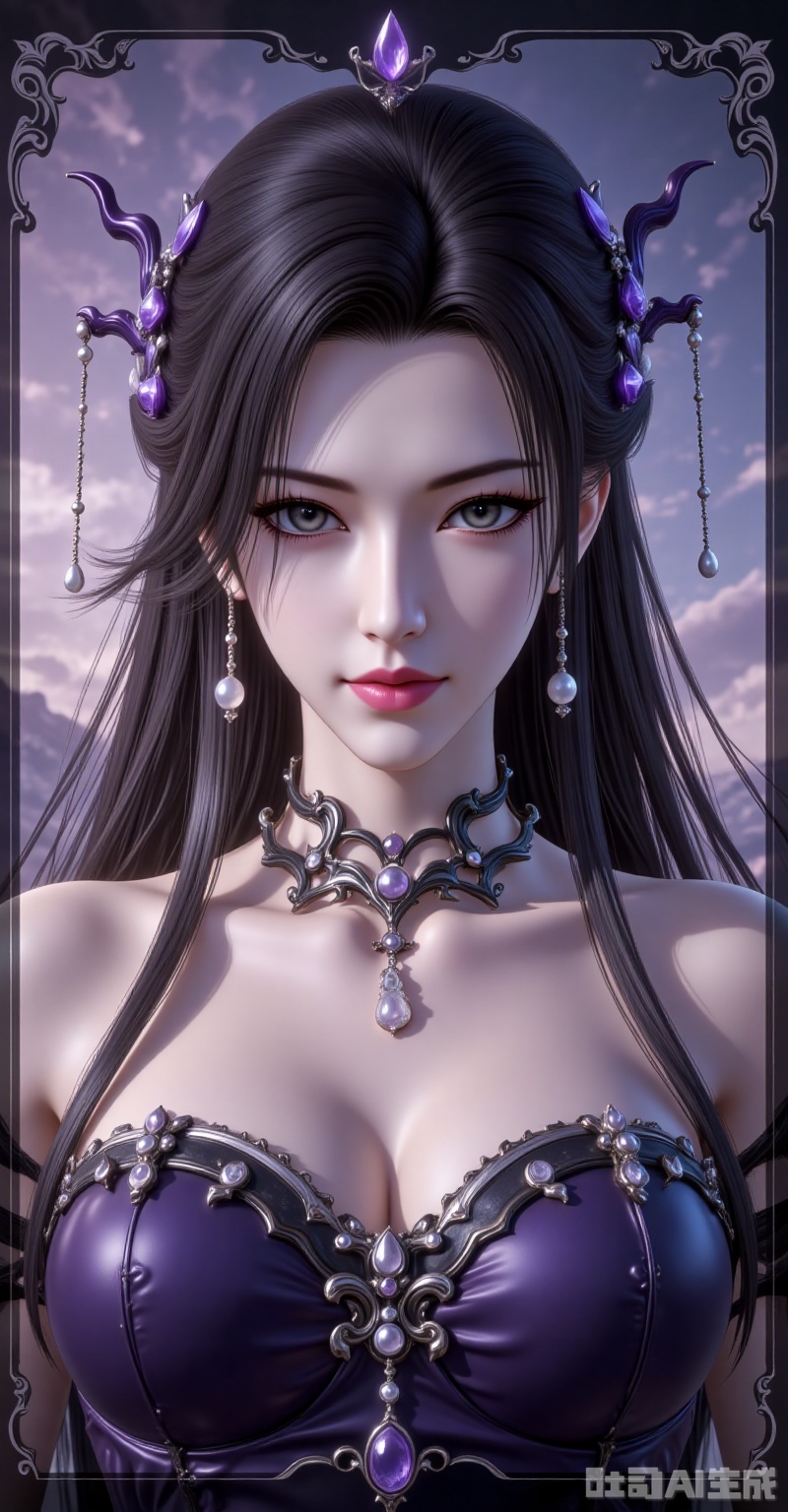 mingzhufuren,black hair,long hair,jewelry,earrings,hair_ornament,grey eyes, 1girl,solo,earrings,jewelry,looking at viewer,breasts,tarot,collarbone,upper body,dress,closed mouth,card \(medium\),tarot \(medium\),frills,border,15,cover,simple background,gradient background,close-up details,outstanding style,(baoshi),adding a touch of dimension to your images without compromising details,close-up, lvjing



