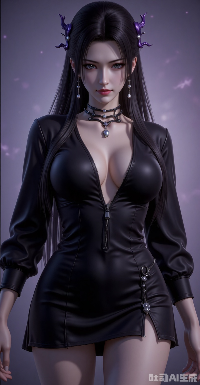 mingzhufuren,black hair,long hair,jewelry,earrings,hair_ornament,grey eyes, 1girl,solo,breasts,cleavage,dress,large breasts,black dress,cowboy shot,partially unzipped,short dress,zipper,looking at viewer,long sleeves,simple background,arms at sides, cover,gradient background,close-up details,outstanding style,adding a touch of dimension to your images without compromising details,close-up, lvjing

