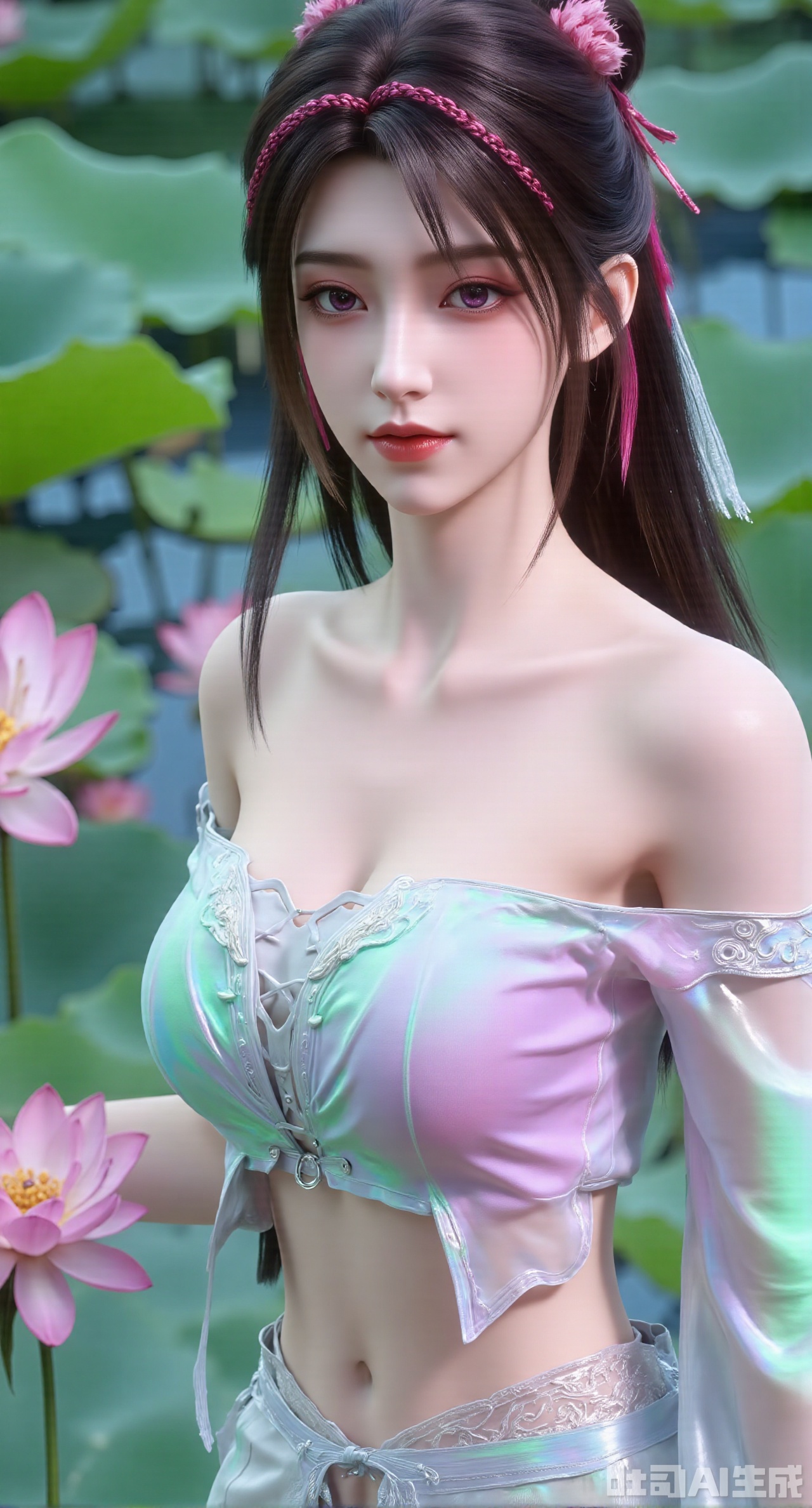  (masterpiece, best quality:1.2),1girl, navel, solo, midriff, bare shoulders, hair ornament, flower, hair flower, black hair, red lips,BREAK, (looking at viewer:1.39), chinese clothes,(Holographic pink|green dress:1.39), (lace,Rainbow Gradient Color:1.29),BREAK,purple eyes,blurry, solo focus, long hair, lips, daytime, lipstick, outdoors, (upper body,,Long legs:1.29), blurry,(huge breasts,full breasts:1.41), background, 1girl, makeup, hair bun,Xyunxiao,(Blue sky:1.39),(Suzhou Garden Lotus Pond,pink lotus,green Lotus Leaf:1.39),(huge breasts:2.99), (full breasts:2.99),gechuanguangchongstyle,Xyuanxionggirl,Xyunxiao,XyunxiaoYK,Xdixionglianyiqun,Xmiaozufushi,Xqilinxianzi,XTifaLockhart,Xjinshenjianshenfu,Xbigbreasts,Xrixirenxiangsheying,XzhaoxiangerX,Xnanxiaochen2