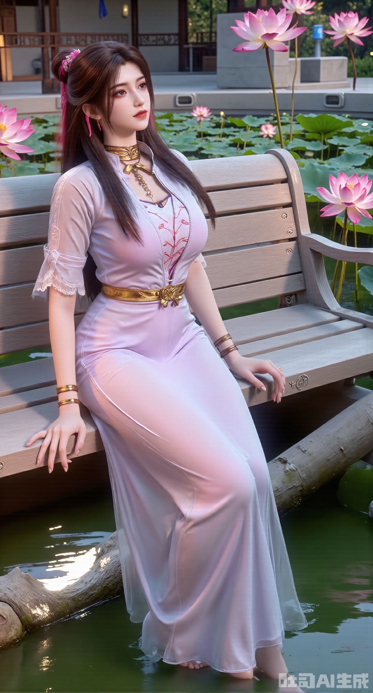 (masterpiece:1.2),best quality,The image is a digital illustration of a young woman sitting on a wooden bench in a pond with lily pads. She is wearing a long dress with design on the chest and sleeves. The dress has a high neckline and short sleeves,Holding a lotus in hand. She has long dark hair styled in loose waves and is wearing gold high heels. The woman is posing with one hand on her hip and the other resting on the edge of the bench. The background is filled with pink and white lotus flowers and green leaves. The overall mood of the image is peaceful and serene,(huge breasts:2.99),(full breasts:2.99),(Background with traditional Chinese architecture, lotus pond and pink lotus flowers:1.39),gechuanguangchongstyle,Xyuanxionggirl,Xyunxiao,XyunxiaoYK,Xdixionglianyiqun,Xmiaozufushi,Xqilinxianzi,XTifaLockhart,Xjinshenjianshenfu,Xbigbreasts,Xrixirenxiangsheying,XzhaoxiangerX,Xnanxiaochen2