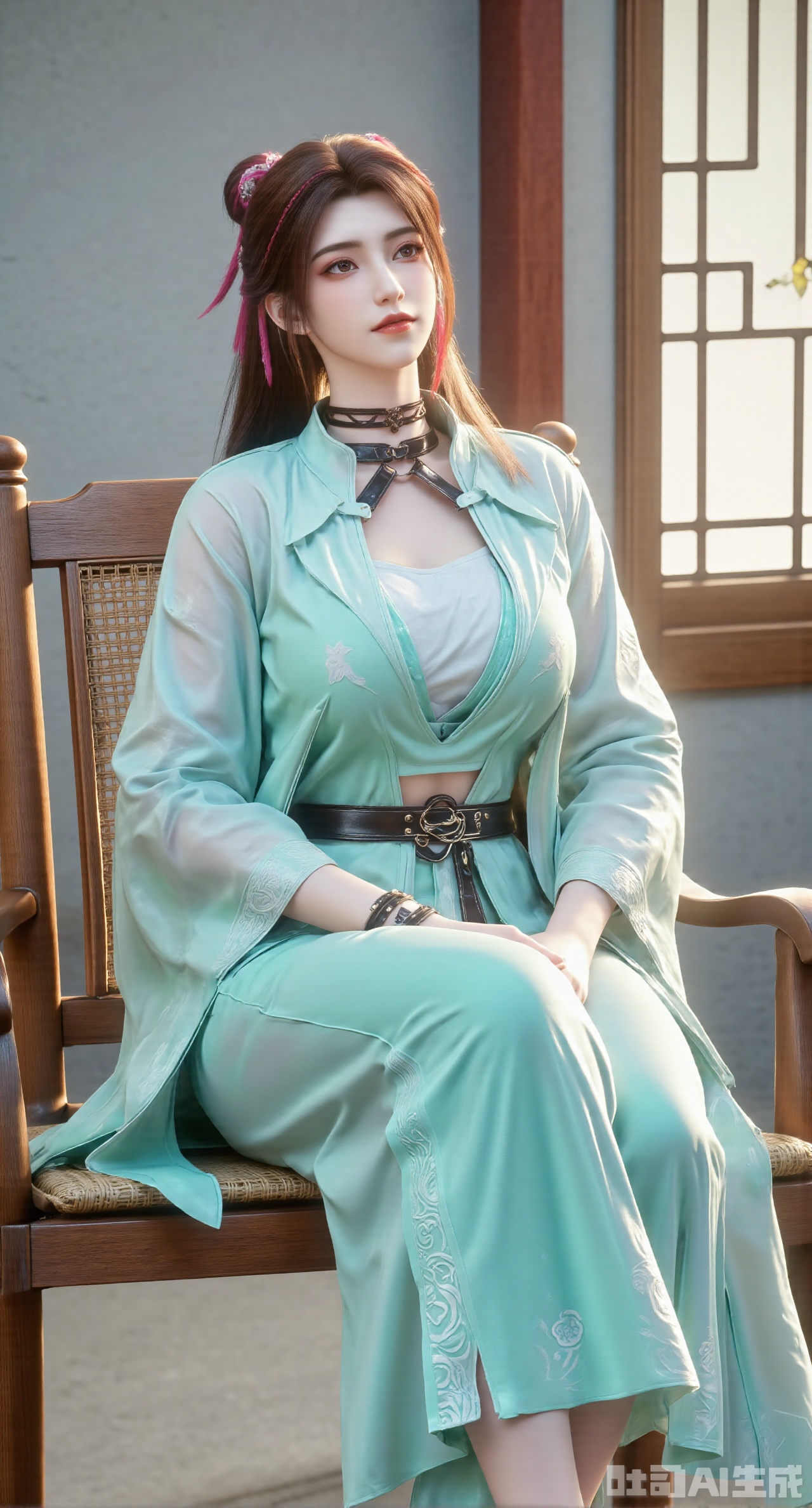  (masterpiece:1.2),best quality,(UE5.5,rendered with Unreal Engine 5,Unreal Engine 5,CG rendering:1.1), A serene and gentle beauty dons a light cyan cross-collar ruqun, the skirt embroidered with bamboo leaves and dewdrops, paired with a mint-green long cape. Sitting on a bamboo rocking chair, she holds a celadon tea cup. Bamboo curtains sway behind her, and distant mountains are veiled in mist. Morning light casts a soft glow on her skirt. Realistic texture of bamboo weaving, glazed luster of celadon, soft draping of fabric, soft morning light representation, cozy atmosphere rendering, fine details of hair and fabric.,(huge breasts:2.99), (full breasts:2.99),Xgechuanguangchongstyle,Xyuanxionggirl,Xyunxiao,XyunxiaoYK,Xdixionglianyiqun,Xmiaozufushi,Xqilinxianzi,XTifaLockhart,Xjinshenjianshenfu,Xbigbreasts,Xrixirenxiangsheying,XzhaoxiangerX,Xnanxiaochen2