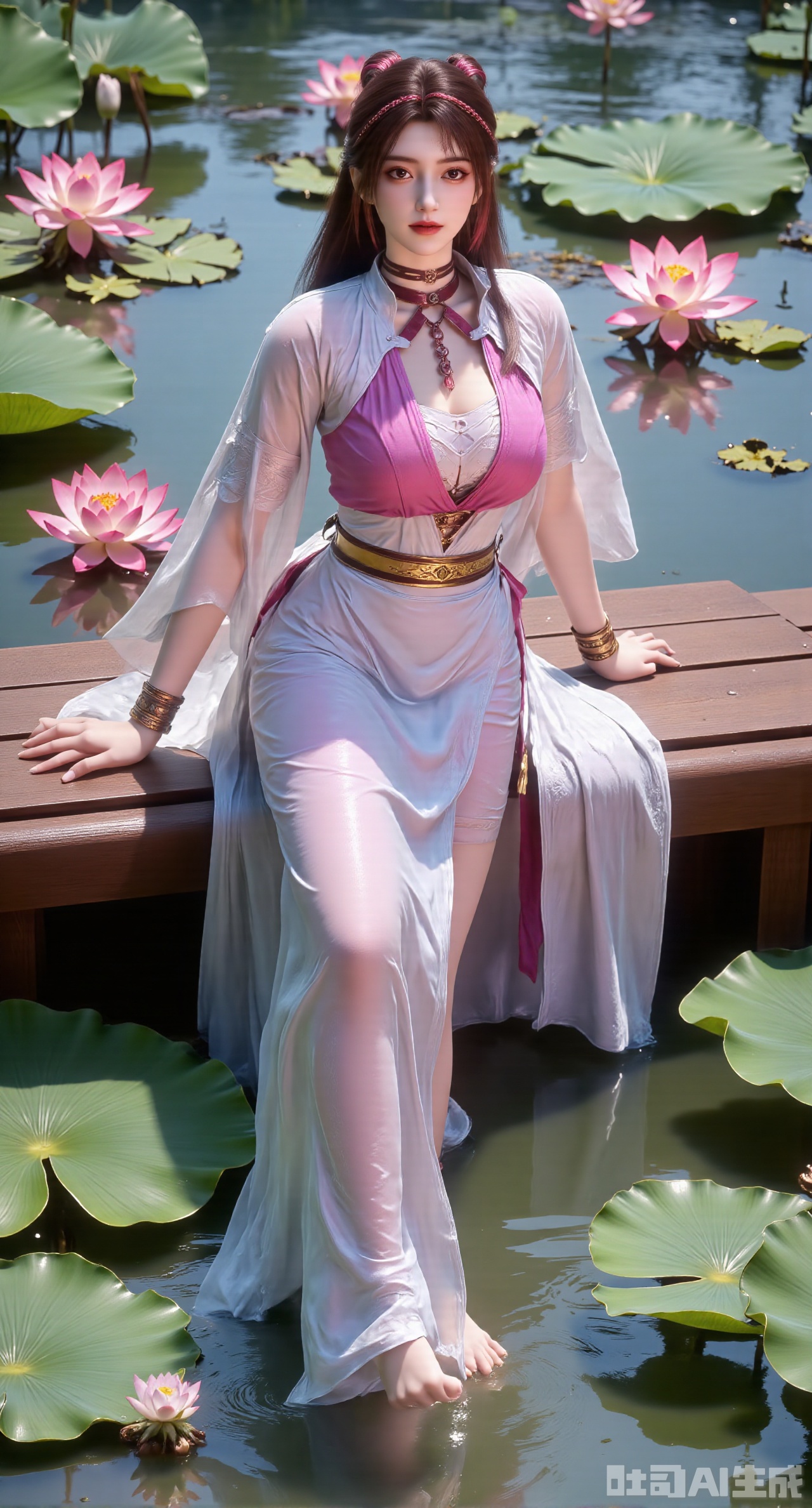 (masterpiece:1.2),best quality,The image is a digital illustration of a young woman sitting on a wooden bench in a pond with lily pads. She is wearing a long dress with design on the chest and sleeves. The dress has a high neckline and short sleeves,Holding a lotus in hand. She has long dark hair styled in loose waves and is wearing gold high heels. The woman is posing with one hand on her hip and the other resting on the edge of the bench. The background is filled with pink and white lotus flowers and green leaves. The overall mood of the image is peaceful and serene,(huge breasts:2.99),(full breasts:2.99),(Background with traditional Chinese architecture, lotus pond and pink lotus flowers:1.39),gechuanguangchongstyle,Xyuanxionggirl,Xyunxiao,XyunxiaoYK,Xdixionglianyiqun,Xmiaozufushi,Xqilinxianzi,XTifaLockhart,Xjinshenjianshenfu,Xbigbreasts,Xrixirenxiangsheying,XzhaoxiangerX,Xnanxiaochen2