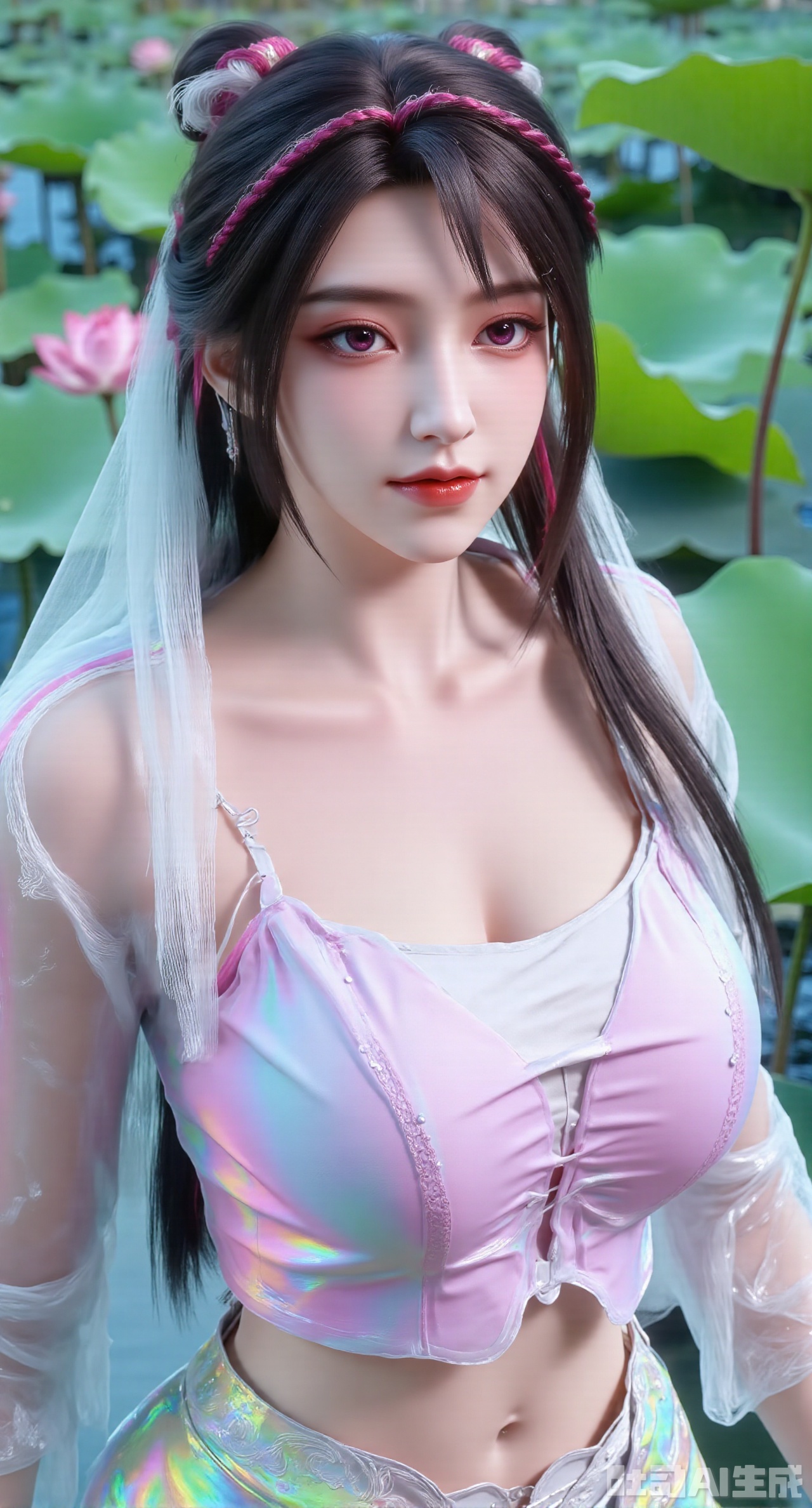  (masterpiece, best quality:1.2),1girl, navel, solo, midriff, bare shoulders, hair ornament, flower, hair flower, black hair, red lips,BREAK, (looking at viewer:1.39), chinese clothes,(Holographic pink|green dress:1.39), (lace,Rainbow Gradient Color:1.29),BREAK,purple eyes,blurry, solo focus, long hair, lips, daytime, lipstick, outdoors, (upper body,,Long legs:1.29), blurry,(huge breasts,full breasts:1.41), background, 1girl, makeup, hair bun,Xyunxiao,(Blue sky:1.39),(Suzhou Garden Lotus Pond,pink lotus,green Lotus Leaf:1.39),(huge breasts:2.99), (full breasts:2.99),gechuanguangchongstyle,Xyuanxionggirl,Xyunxiao,XyunxiaoYK,Xdixionglianyiqun,Xmiaozufushi,Xqilinxianzi,XTifaLockhart,Xjinshenjianshenfu,Xbigbreasts,Xrixirenxiangsheying,XzhaoxiangerX,Xnanxiaochen2