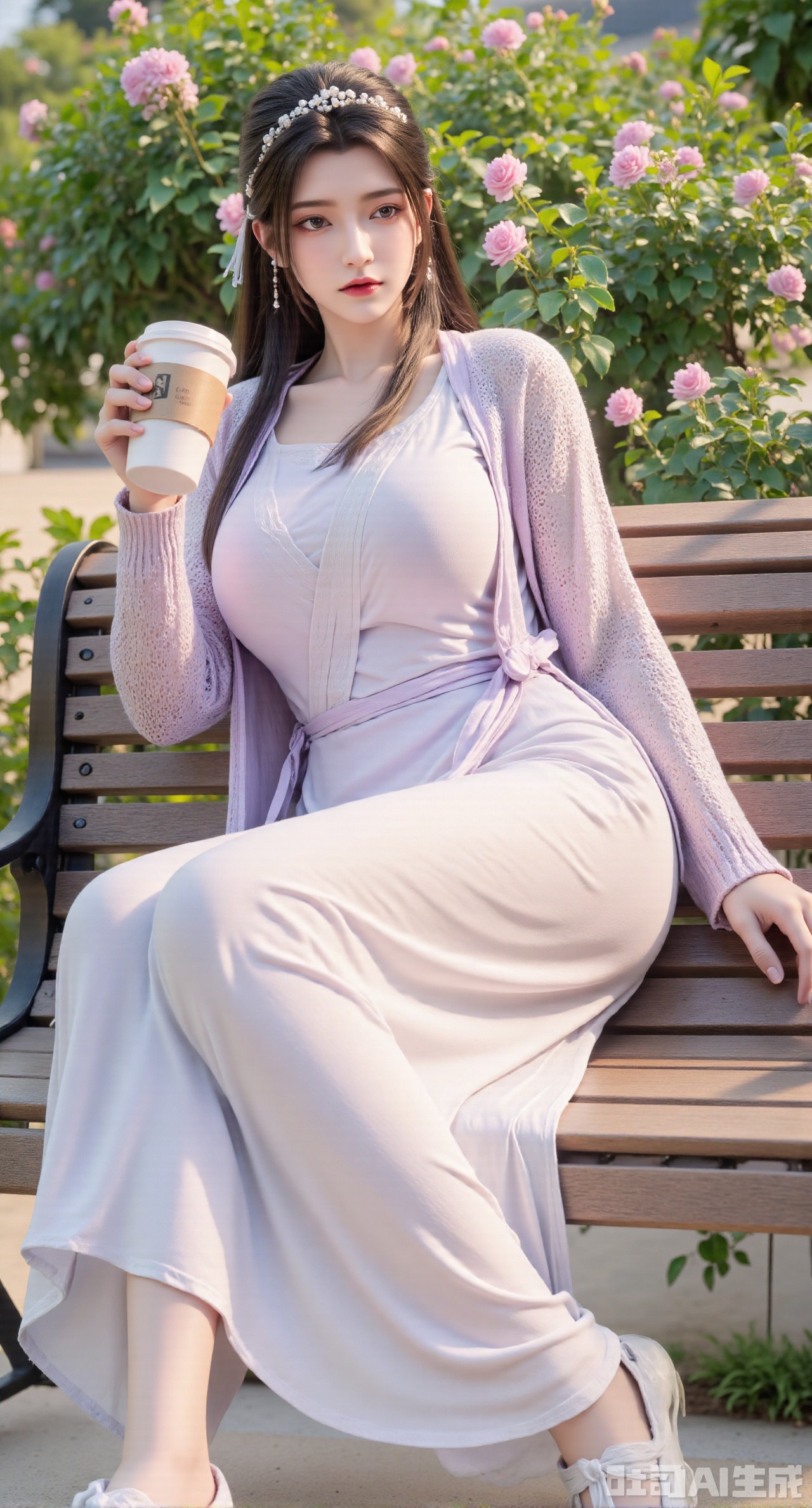  (masterpiece, best quality:1.2),A beauty wearing a pearl hairband dons a creamy white knitted camisole dress, paired with a light purple sheer knitted cardigan and white Mary Jane shoes. Leaning on a garden bench filled with macaron - colored flowers, she holds an Instagram - style coffee cup. Sunlight filters through the leaves onto her face, creating a lazy and gentle atmosphere, and her skirt sways softly in the breeze. 8K resolution, detailed texture of knitted fabric, lustrous pearl texture, vivid flower colors, soft natural light, Instagram - style filter texture.,(huge breasts:2.99),(full breasts:2.99),,Xnanxiaochen,Xloubeimaoyi,Xrixisheyingfeng,Xnaiqishuiyi,Xzhaoxianger