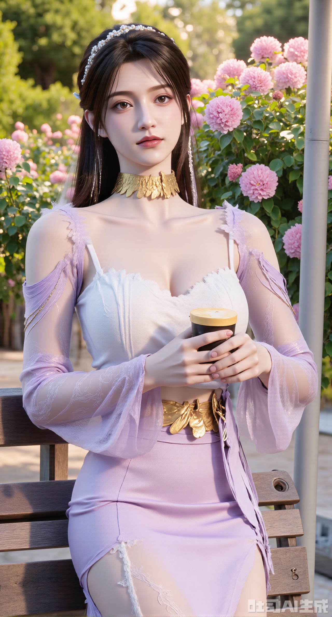 (masterpiece, best quality:1.2),A beauty wearing a pearl hairband dons a creamy white knitted camisole dress, paired with a light purple sheer knitted cardigan and white Mary Jane shoes. Leaning on a garden bench filled with macaron - colored flowers, she holds an Instagram - style coffee cup. Sunlight filters through the leaves onto her face, creating a lazy and gentle atmosphere, and her skirt sways softly in the breeze. 8K resolution, detailed texture of knitted fabric, lustrous pearl texture, vivid flower colors, soft natural light, Instagram - style filter texture.,(huge breasts:2.99),(full breasts:2.99),,Xnanxiaochen,Xloubeimaoyi,Xrixisheyingfeng,Xnaiqishuiyi,Xzhaoxianger