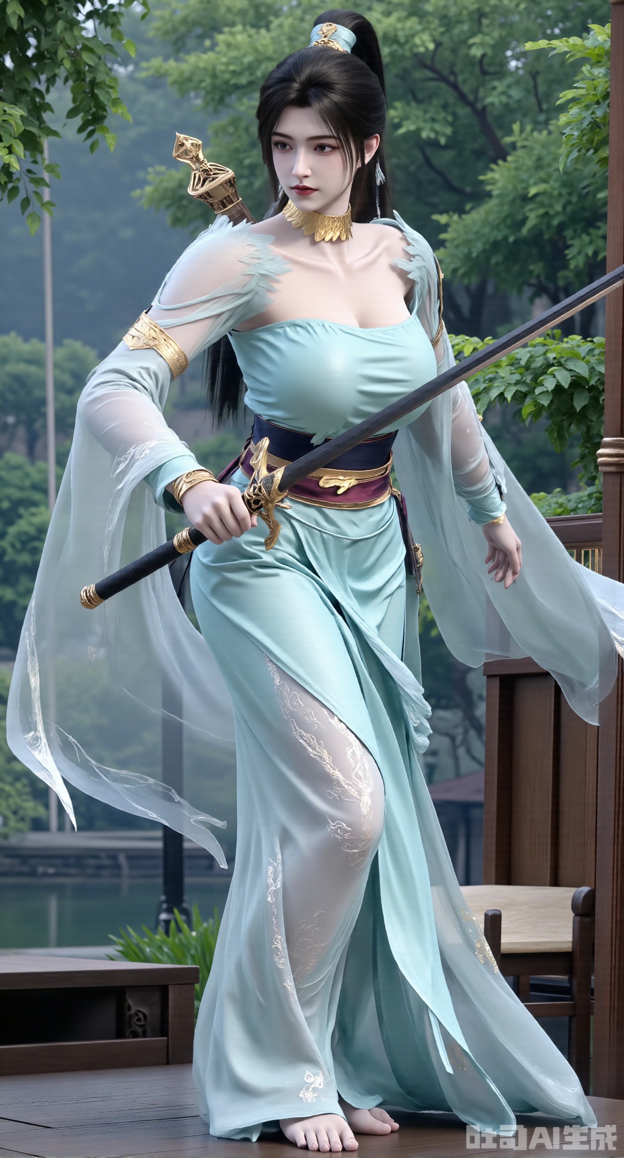 (masterpiece, best quality:1.2),,(UE5.5,rendered with Unreal Engine 5,Unreal Engine 5,CG rendering:1.1),A female general with her hair up in a bun wears light cyan fish-scale soft armor, draped in a white crane cloak,(huge breasts:2.89),She gracefully wields a long sword with a jade hilt. Dancing amidst a bamboo grove, she sends leaves swirling around her. Behind her, a misty landscape painting shimmers, with soft moonlight silvering her blade. Flowing texture of the soft fabric, dappled bamboo shadows, elegant swordsmanship dynamics, ink-wash landscape background, poetic ancient atmosphere, 8K resolution..(huge breasts:2.99),(full breasts:2.99),Xnanxiaochen,Xloubeimaoyi,Xrixisheyingfeng,Xnaiqishuiyi,Xzhaoxianger