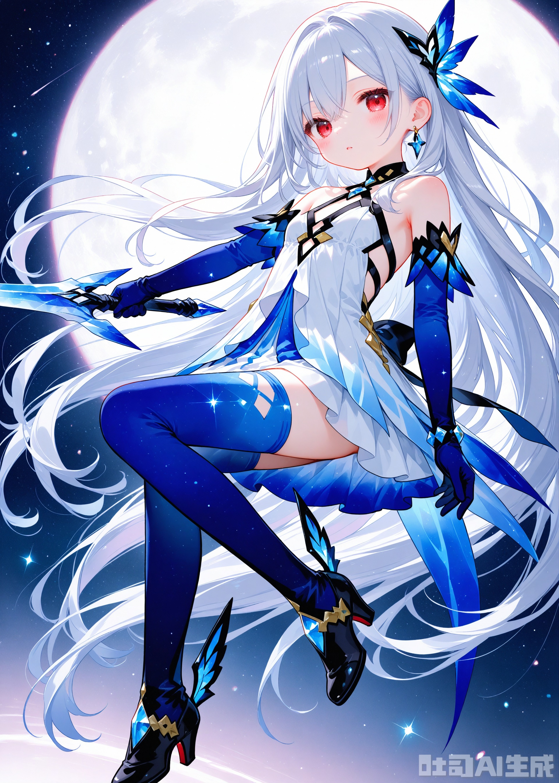 loli,petite,cute,kawai,little girl,little kid,underage,aged_down,aged_down,aged_down,child,loli,loli,lolimasterpiece,best quality,high quality,loli,chromatic_aberration,
//,
1girl, solo, long hair, breasts, looking at viewer, bangs, hair ornament, red eyes, thighhighs, gloves, dress, holding, hair between eyes, bare shoulders, jewelry, very long hair, full body, weapon, white hair, earrings, boots, elbow gloves, armpits, holding weapon, white dress, high heels, floating hair, floating, blue gloves, blue thighhighs, floating weapon,cxskirk,starry thighhighs,starry gloves,