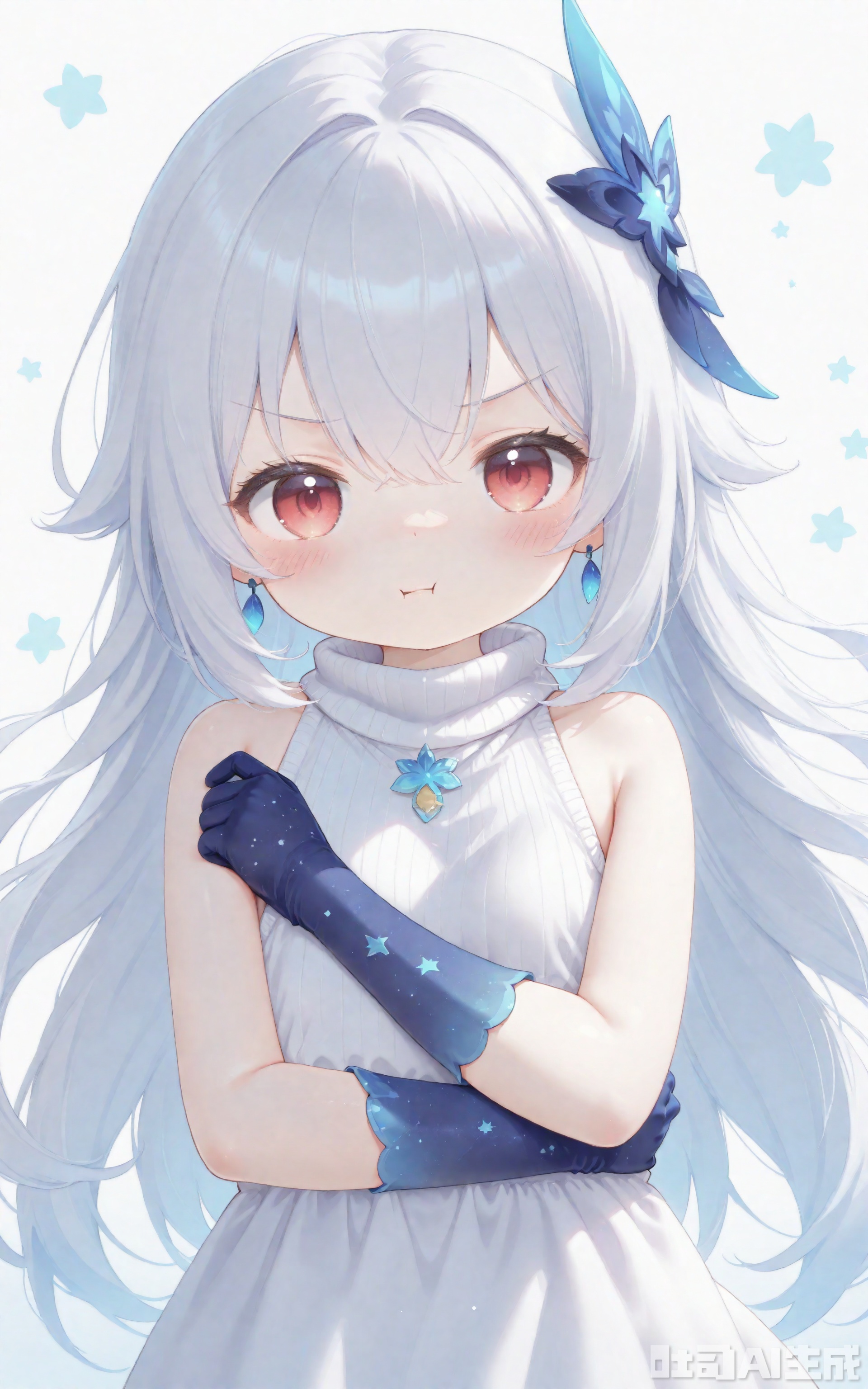 aged down,loli,loli,loli,female child,little girl,petite,1girl, solo, long hair, breasts, looking at viewer, blush,  hair between eyes, bare shoulders, closed mouth, upper body, small breasts,sleeveless, alternate costume, sweater, v-shaped eyebrows, bare arms, turtleneck, crossed arms, :t, turtleneck sweater, pout, white sweater, =3, sleeveless sweater, hair ornament, red eyes,gloves, dress, hair between eyes, bare shoulders, jewelry, very long hair,white hair, earrings,elbow gloves, armpits,white dress,floating hair, floating, blue gloves,starry gloves,cxskirk
