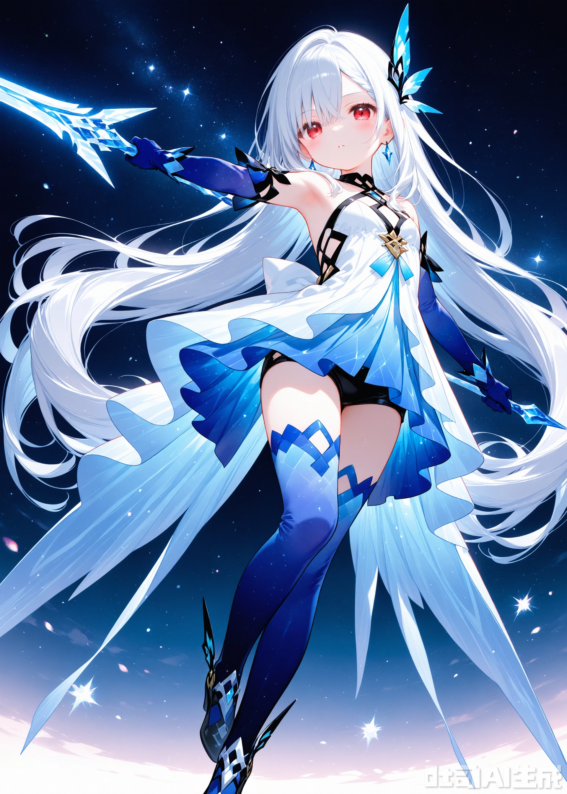 loli,petite,cute,kawai,little girl,little kid,underage,aged_down,aged_down,aged_down,child,loli,loli,lolimasterpiece,best quality,high quality,loli,chromatic_aberration,
//,
1girl, solo, long hair, breasts, looking at viewer, bangs, hair ornament, red eyes, thighhighs, gloves, dress, holding, hair between eyes, bare shoulders, jewelry, very long hair, full body, weapon, white hair, earrings, boots, elbow gloves, armpits, holding weapon, white dress, high heels, floating hair, floating, blue gloves, blue thighhighs, floating weapon,cxskirk,starry thighhighs,starry gloves,