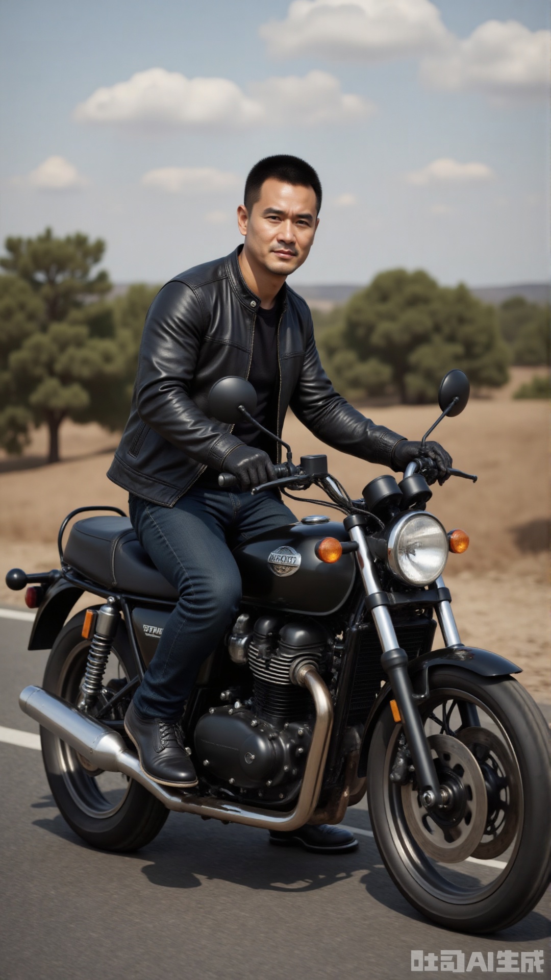 1man, A young man wearing a leather jacket and riding a motorcycle is extremely cool