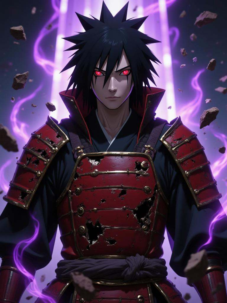 Hokage Ninjia,Hokage Ninjia,(Madara Uchiha:1.3),rinnegan glowing eyes,long spiky black hair,ancient red samurai armor,torn cloak,dark aura,purple chakra energy,floating debris,dramatic rim light,glowing particles,cinematic shadows,evil warlord aesthetic,high detail,masterpiece,