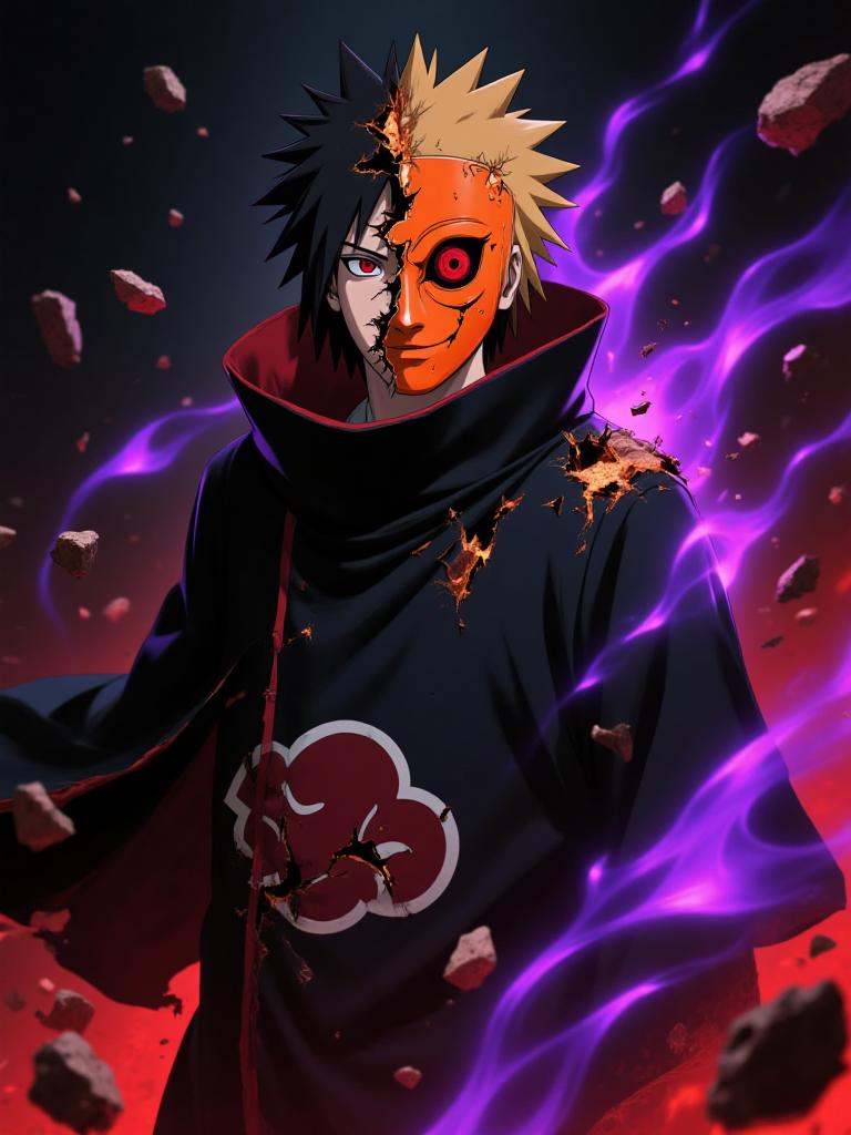 Hokage Ninjia,(Obito Uchiha:1.3), broken orange mask revealing sharingan and rinnegan, half-burned cloak, glowing purple chakra, torn Akatsuki cloak, intense shadows, floating debris, red and purple lighting, cinematic close-up, dark background, swirling energy, high detail