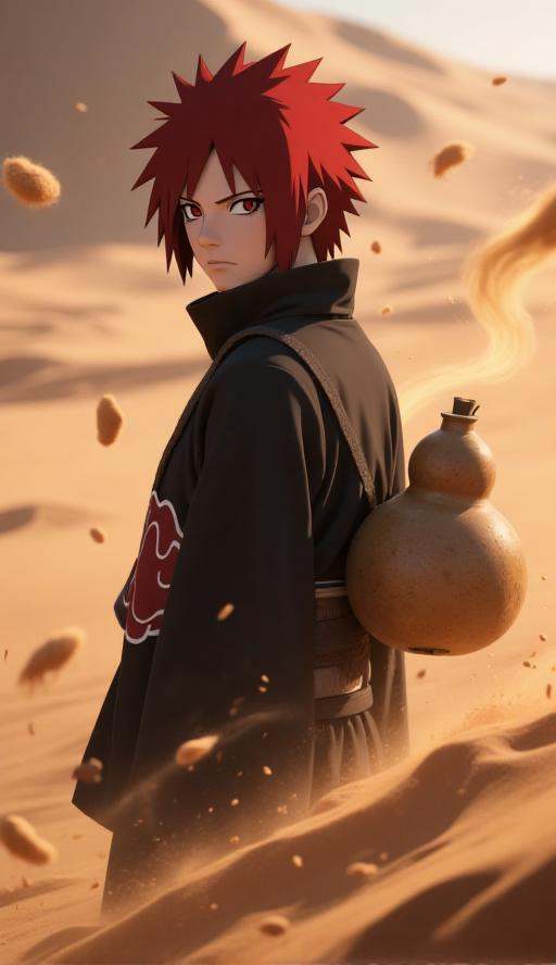 Hokage Ninjia,(Gaara:1.3), red hair, dark eyeliner, gourd on back, sand swirling around, glowing sand particles, serious expression, kazekage outfit, desert tone background, cinematic lighting, sand floating mid-air, soft rimlight, high detail