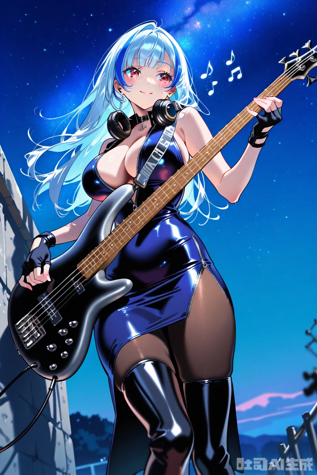 (1woman playing bass guitar),solo,big breasts,smile,beautiful eyes,cool tone colour hair,streaked long hair,glossy leather Open collar unzipped cutouts cleavage on sides evening dress,fingerless gloves,lovestruck,headphone on  neck,pantyhose,thigh boots,musical notes,outdoor,starry sky,textures,detailed texture,very detailed face,masterpiece,best quality,good quality,very awa,very aesthetic,absurdres,newest,
artist:yoneyama mai