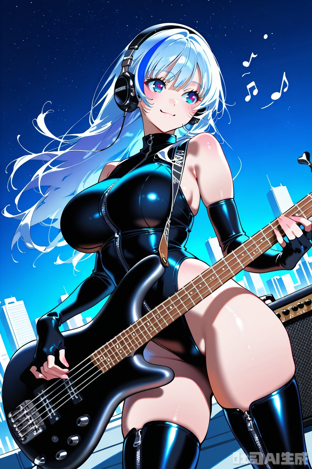 (1woman playing bass guitar),solo,dynamic angle, big breasts,beautiful eyes,little smile,cool tone long hair,streaked long hair,gloosy leather unzipped leotard,elbow fingerless gloves, lovestruck,headphone,thigh boots,speaker,amplifier,musical notes,skyscraper rooftop,outdoor,starry sky,textures,detailed texture,very detailed face,masterpiece,best quality,good quality,very awa,very aesthetic,absurdres,newest,
artist:yoneyama mai