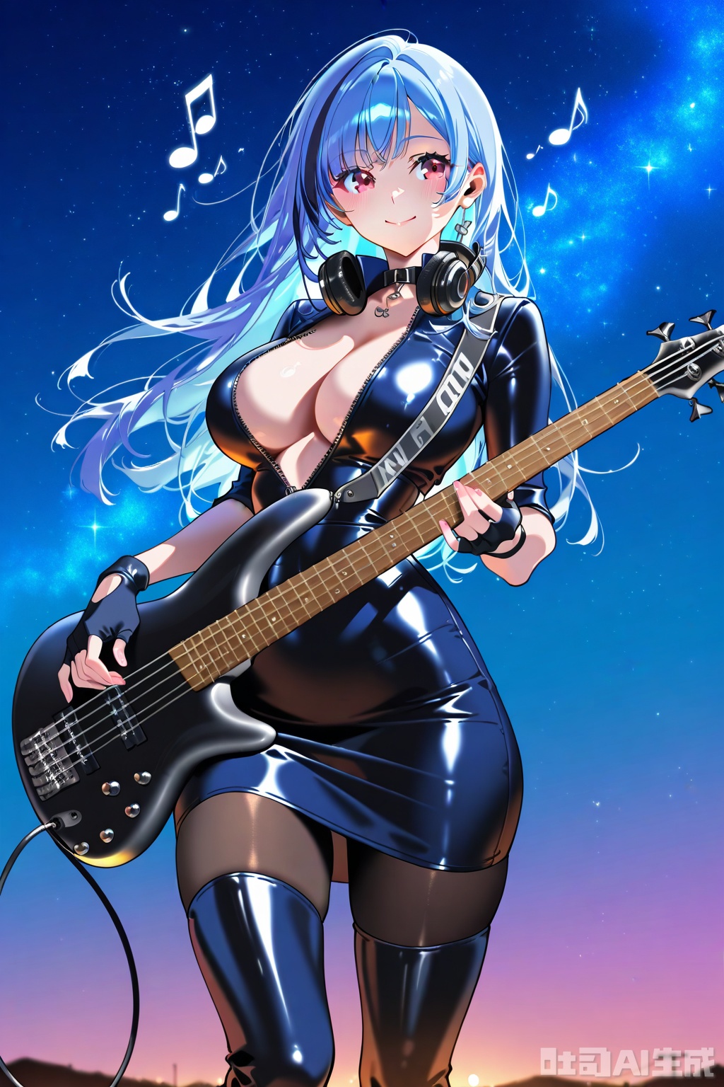 (1woman playing bass guitar),solo,big breasts,smile,beautiful eyes,cool tone colour hair,streaked long hair,glossy leather Open collar unzipped cutouts on sides evening dress,fingerless gloves,lovestruck,headphone on  neck,pantyhose,thigh boots,musical notes,outdoor,starry sky,textures,detailed texture,very detailed face,masterpiece,best quality,good quality,very awa,very aesthetic,absurdres,newest,
artist:yoneyama mai