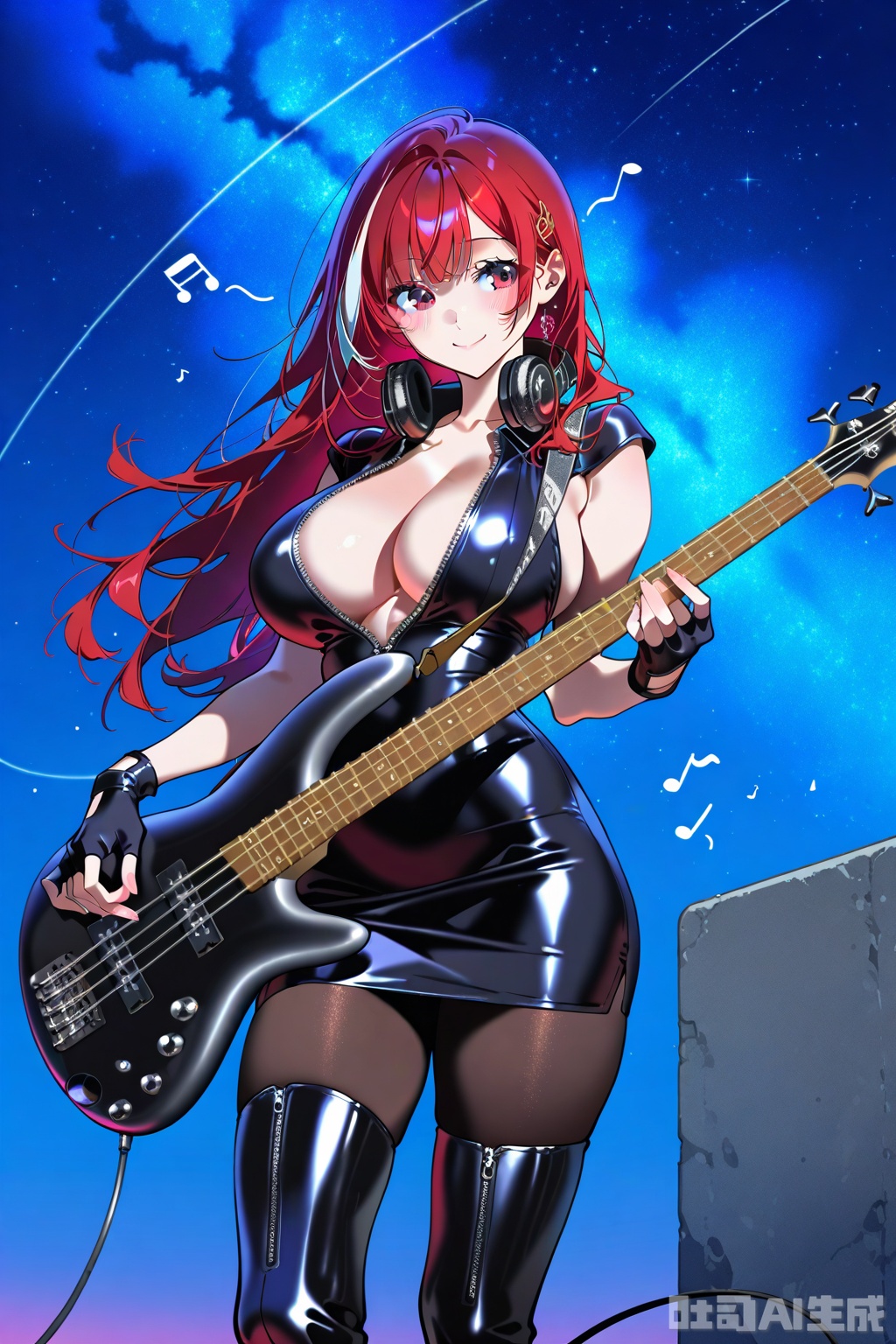 (1woman playing bass guitar),solo,big breasts,smile,beautiful eyes,cool tone colour hair,streaked long hair,glossy leather Open collar unzipped cutouts cleavage on sides evening dress,fingerless gloves,lovestruck,headphone on  neck,pantyhose,thigh boots,musical notes,outdoor,starry sky,textures,detailed texture,very detailed face,masterpiece,best quality,good quality,very awa,very aesthetic,absurdres,newest,
artist:yoneyama mai