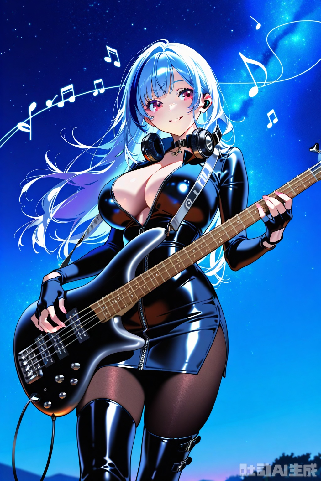 (1woman playing bass guitar),solo,big breasts,smile,beautiful eyes,cool tone colour hair,streaked long hair,glossy leather Open collar unzipped cutouts cleavage on sides evening dress,fingerless gloves,lovestruck,headphone on  neck,pantyhose,thigh boots,musical notes,outdoor,starry sky,textures,detailed texture,very detailed face,masterpiece,best quality,good quality,very awa,very aesthetic,absurdres,newest,
artist:yoneyama mai