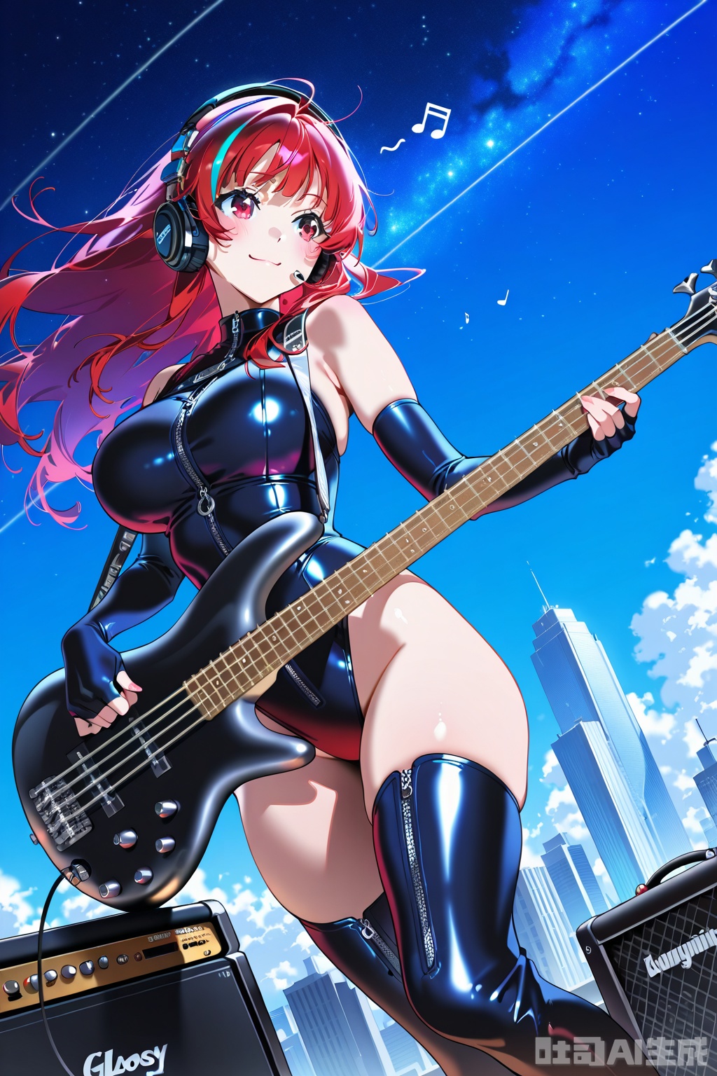 (1woman playing bass guitar),solo,dynamic angle, big breasts,beautiful eyes,little smile,cool tone long hair,streaked long hair,gloosy leather unzipped leotard,elbow fingerless gloves, lovestruck,headphone,thigh boots,speaker,amplifier,musical notes,skyscraper rooftop,outdoor,starry sky,textures,detailed texture,very detailed face,masterpiece,best quality,good quality,very awa,very aesthetic,absurdres,newest,
artist:yoneyama mai