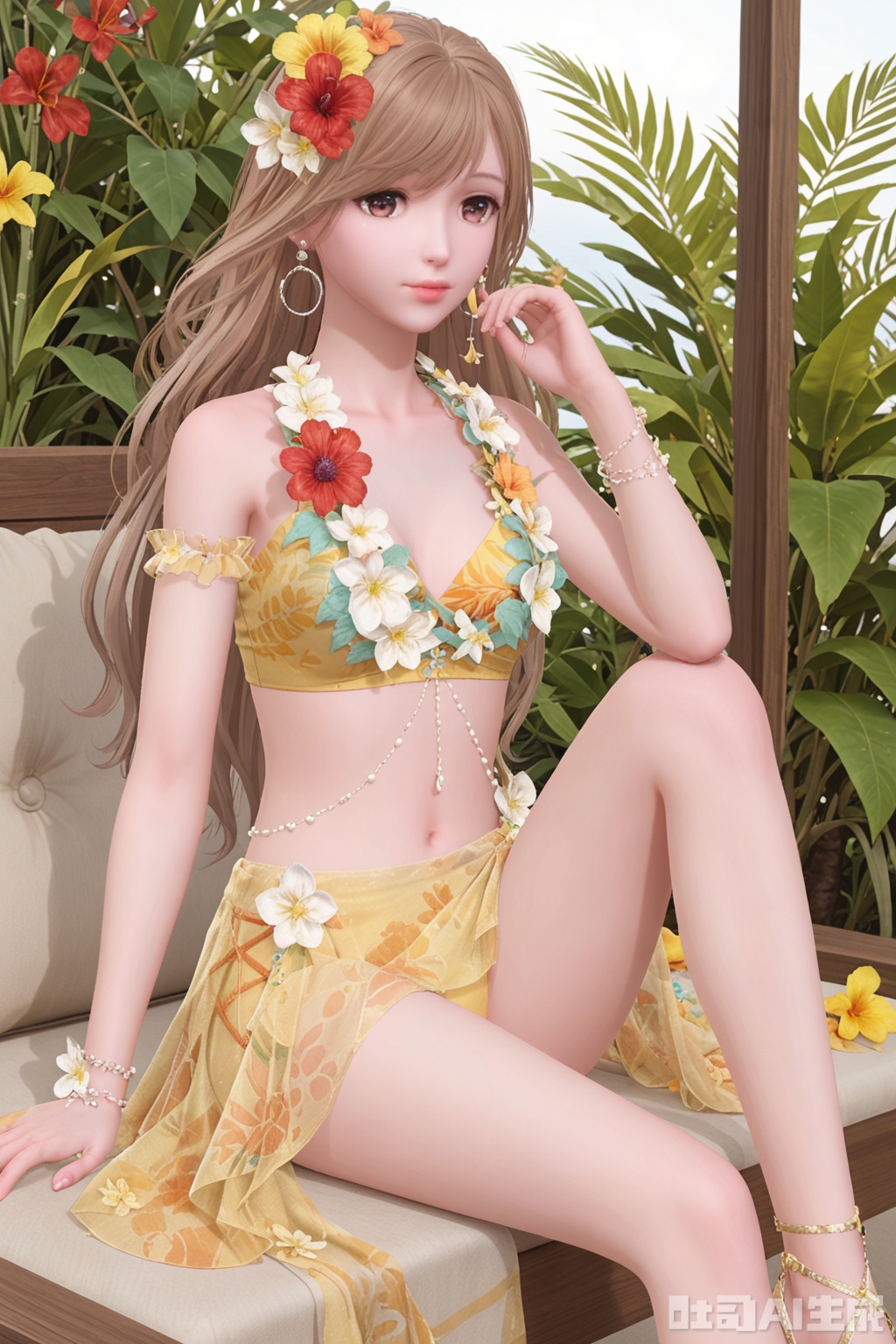1girl, solo, long hair, breasts, blonde hair, brown hair, hair ornament, navel, brown eyes, jewelry, swimsuit, flower, bikini, earrings, hair flower, bracelet, lips, see-through, sarong, sitting,long legs
