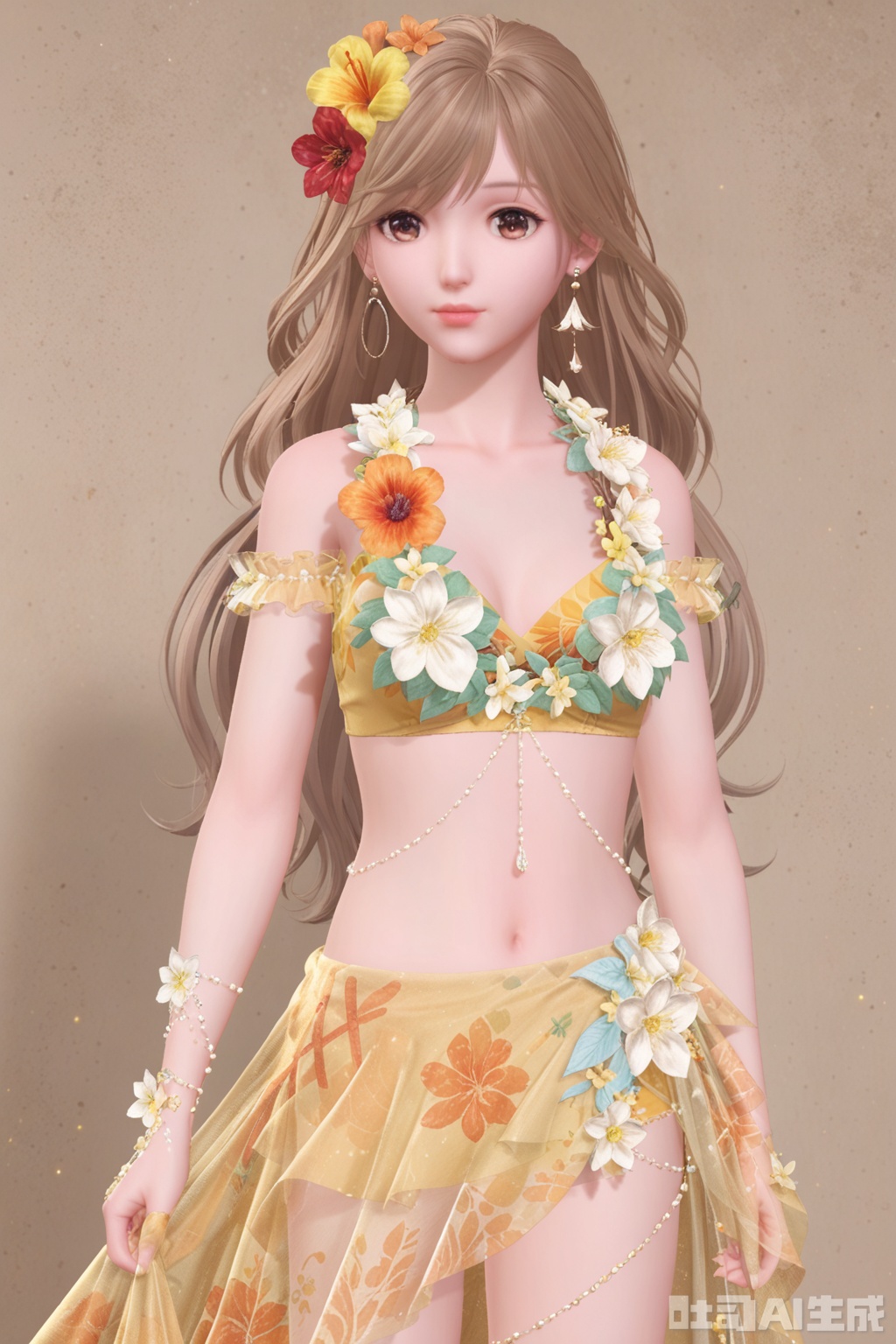 1girl, solo, long hair, breasts, blonde hair, brown hair, hair ornament, navel, brown eyes, jewelry, swimsuit, flower, bikini, earrings, hair flower, bracelet, lips, see-through, sarong