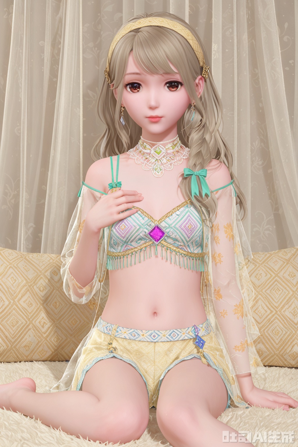 1girl, solo, long hair, breasts, looking at viewer, blonde hair, ribbon, navel, brown eyes, jewelry, underwear, hair ribbon, braid, cowboy shot, hairband, earrings, small breasts, midriff, bra, lips, see-through,sitting,bare_feet,holding_breasts