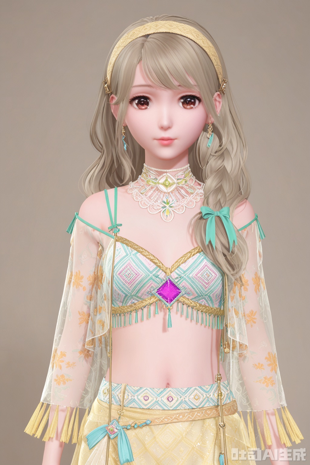 1girl, solo, long hair, breasts, looking at viewer, blonde hair, ribbon, navel, brown eyes, jewelry, underwear, hair ribbon, braid, cowboy shot, hairband, earrings, small breasts, midriff, bra, lips, see-through