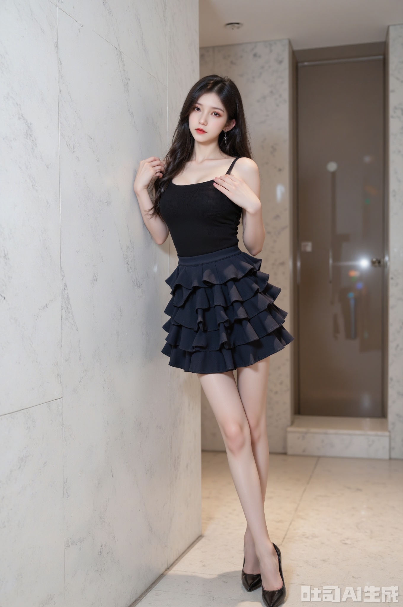 The image shows a woman leaning against a wall in a modern, well-lit room. She is wearing a black sleeveless top and a dark, ruffled skirt. Her hair is long and wavy, and she is barefoot, standing on the floor. The background features a marble wall with a glass door, and the room appears to be part of a bathroom or a similar setting. The woman is positioned in a way that suggests she is posing for the camera.