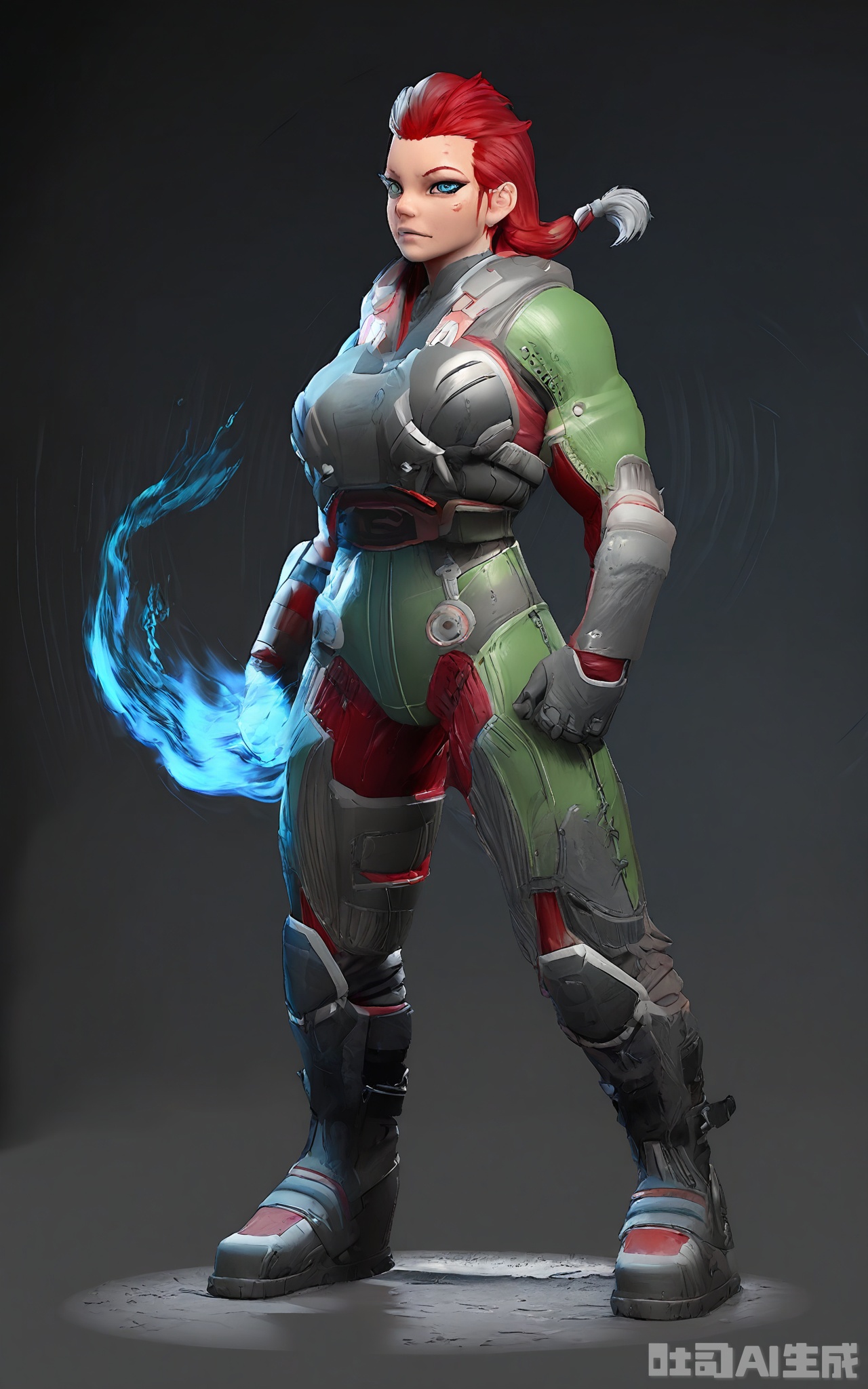 CDJS, 3D next-gen character photo of a fierce female warrior standing defiantly, clad in a sleek, futuristic armored bodysuit with red and silver highlights. The suit has sharp, angular edges and glowing energy lines running along its surface, paired with knee-high combat boots. Her long, flowing red hair is tied back, and her eyes burn with an intense, fiery determination. The background is a solid black, making the warrior and her armor stand out vividly. The lighting is dramatic, casting sharp shadows that emphasize the armor's details and her powerful stance. The overall mood is fierce and unyielding.

