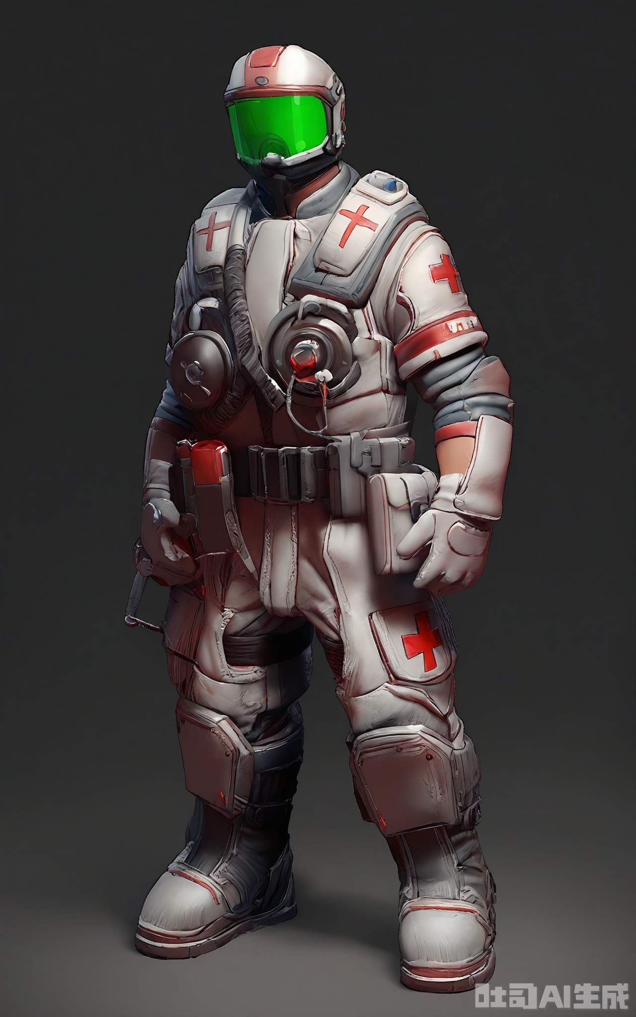 CDJS, 3D next-gen character photo of a futuristic medic standing attentively, wearing a compact, armored uniform with white and red accents. The uniform has multiple pockets for medical supplies and a large, belt-mounted defibrillator. The medic's face is hidden behind a helmet with a tinted visor, but their caring expression can be seen through it. Their boots are comfortable and supportive, with soles that provide good traction. The background is a solid black, emphasizing the medic's dedicated stance. The lighting is even, illuminating the uniform's details and creating a sense of calm. The overall mood is compassionate and ready.


