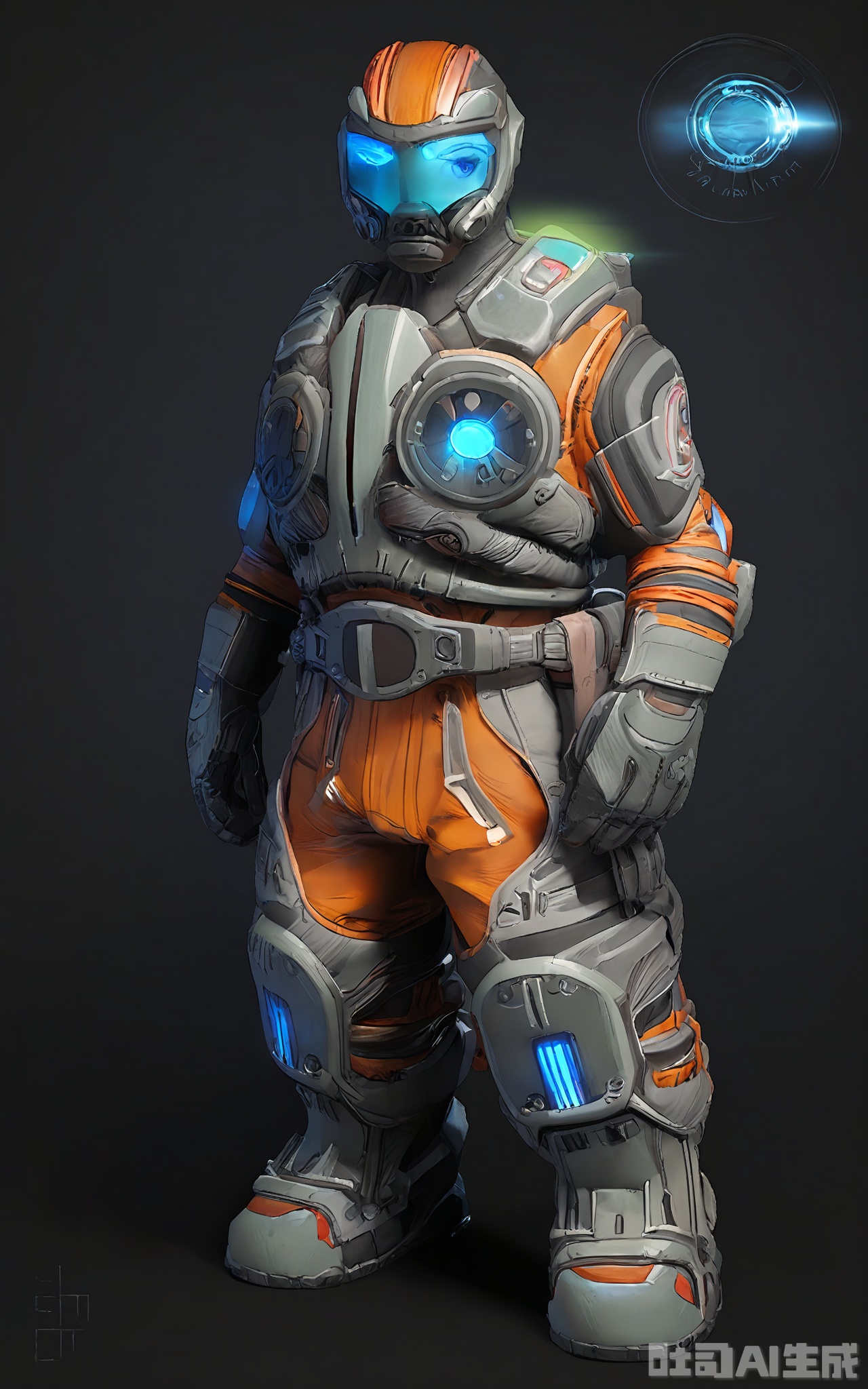 CDJS, 3D next-gen character photo of a high-tech bounty hunter standing alert, dressed in a sleek, armored jumpsuit with orange and black stripes. The jumpsuit has a built-in exoskeleton that enhances the hunter's strength and agility, and their helmet has a heads-up display that shows various data. The hunter's face is hidden behind a visor, but their sharp, blue eyes can be seen through it. The background is a solid black, emphasizing the hunter's futuristic appearance. The lighting is focused, highlighting the jumpsuit's details and creating a sense of urgency. The overall mood is focused and determined.