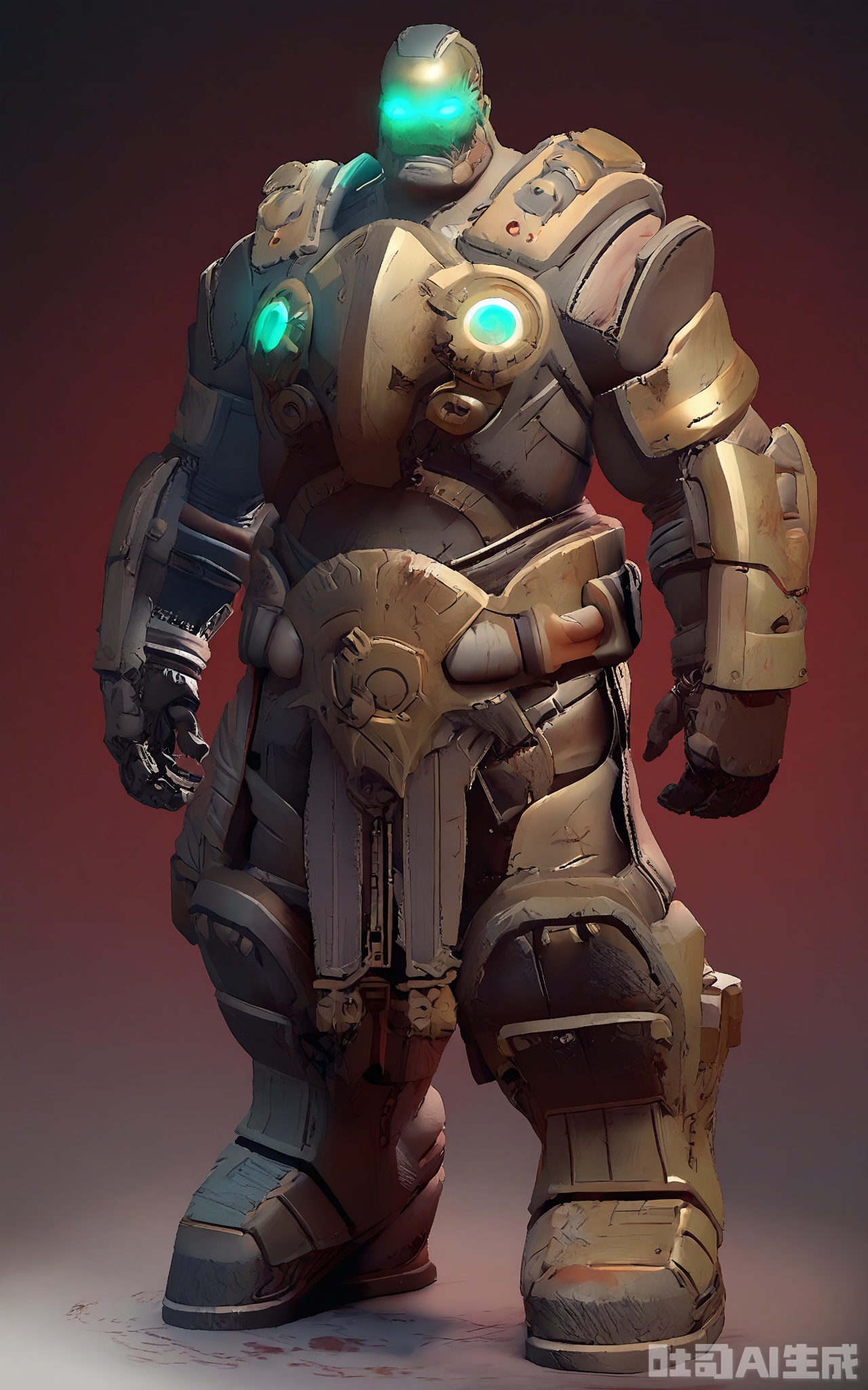 CDJS, 3D next-gen character photo of a robotic gladiator standing defiantly, encased in a massive, armored suit with bronze and gold plating. The suit has a rugged, battle-worn appearance, with dents and scratches that tell tales of past battles. The gladiator's head is a featureless, glowing visor with a red hue, and its mechanical limbs are jointed with strength. The background is a simple black, making the gladiator's imposing figure stand out like a colossus. The lighting is harsh, creating deep shadows that highlight its fearsome features. The overall mood is brutal and unyielding.