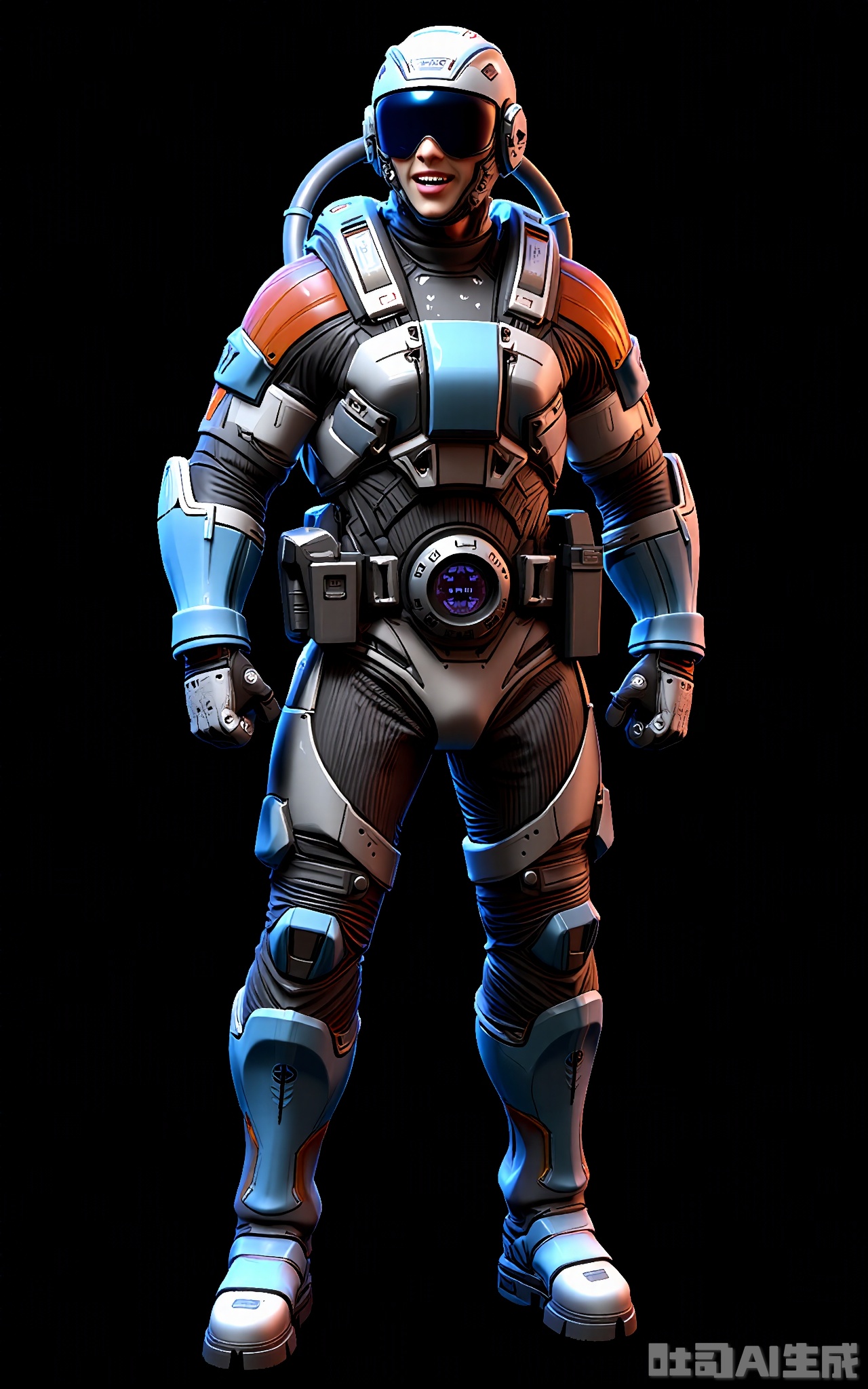 CDJS, 3D next-gen character photo of a futuristic pilot standing confidently, wearing a sleek, armored flight suit with blue and white accents. The suit has a built-in oxygen system and a heads-up display that shows flight data. The pilot's face is hidden behind a helmet with a tinted visor, but their excited expression can be seen through it. Their boots are lightweight and flexible, with soles that provide good grip. The background is a solid black, emphasizing the pilot's ready-for-action stance. The lighting is even, illuminating the suit's details and creating a sense of anticipation. The overall mood is adventurous and eager.