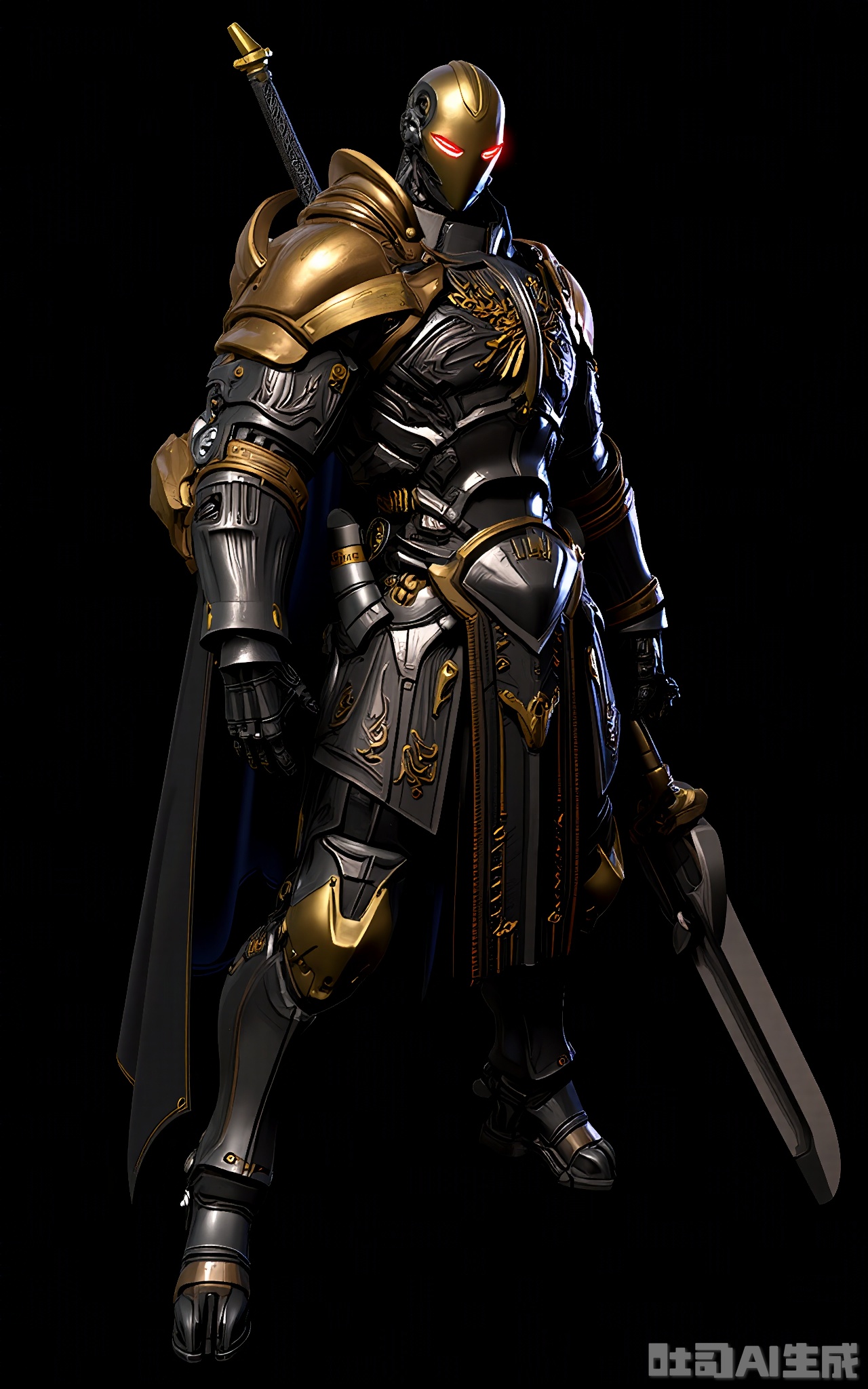 CDJS, 3D next-gen character photo of a robotic knight standing proudly, encased in a massive, medieval-inspired armored suit with gold and black plating. The suit has ornate carvings and a large, energy-charged sword strapped to its back. The knight's head is a featureless, glowing visor with a red hue, and its mechanical limbs are jointed with precision. The background is a deep black, making the knight's imposing figure stand out like a statue. The lighting is soft yet dramatic, highlighting the armor's intricate details and the knight's regal bearing. The overall mood is noble and imposing.