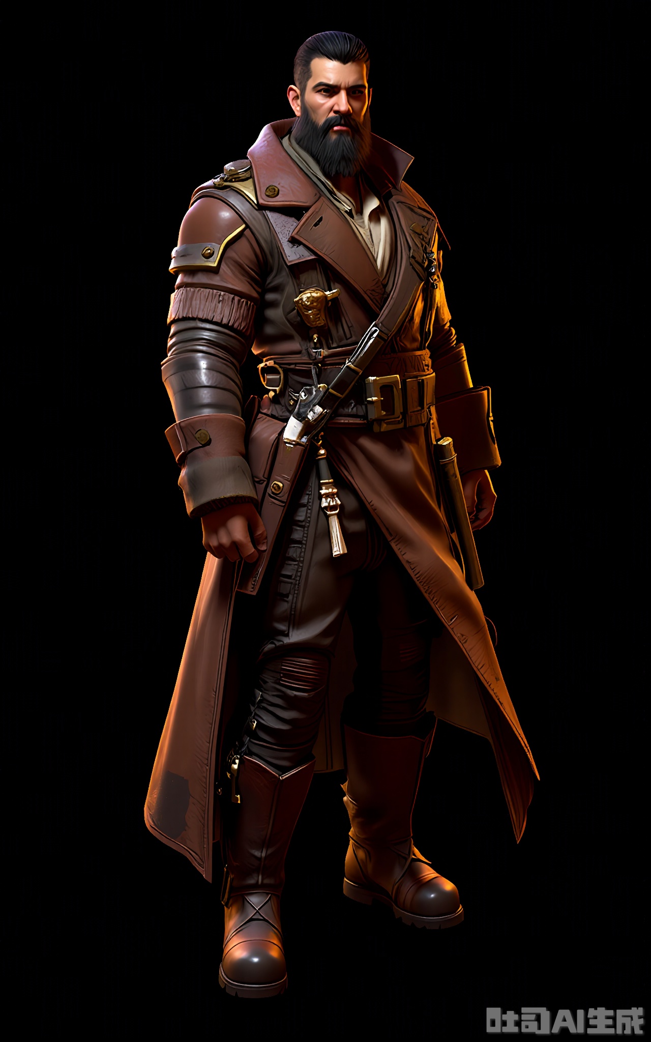 CDJS, 3D next-gen character photo of a futuristic pirate captain standing confidently, wearing a weathered, yet stylish, armored coat with brown and gold accents. The coat has multiple pockets and a large, belt-mounted holster for a pistol. The captain has a long, black beard and a fierce, determined expression. Their boots are heavy and leather, with spurs that jingle softly. The background is a simple black, allowing the captain's rugged charm to shine through. The lighting is warm, casting a golden glow on the coat and highlighting the captain's features. The overall mood is daring and adventurous.
