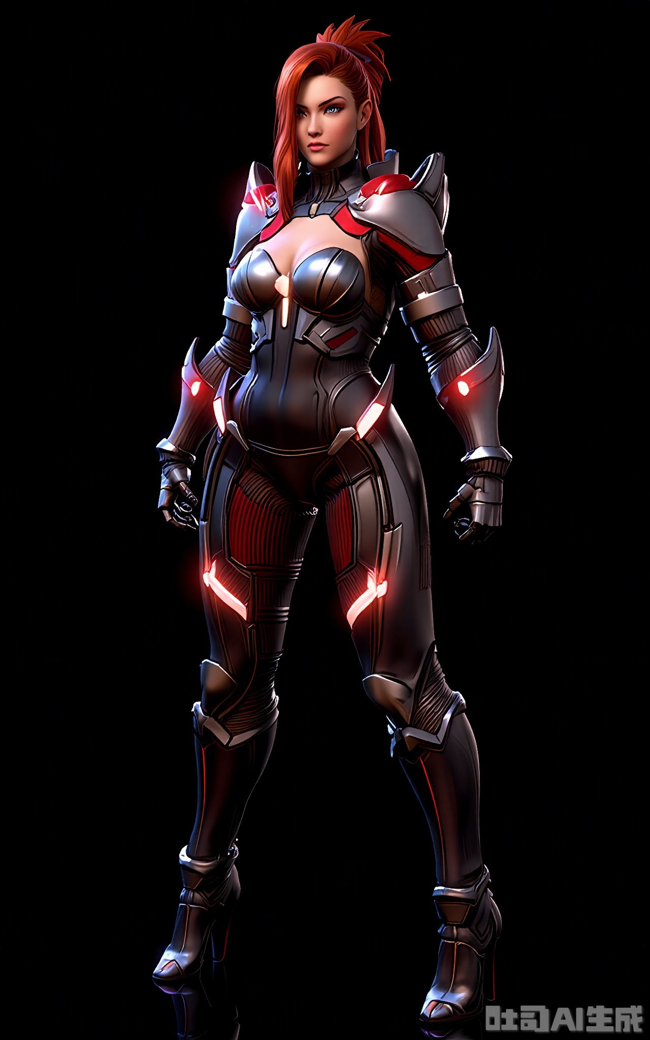 CDJS, 3D next-gen character photo of a fierce female warrior standing defiantly, clad in a sleek, futuristic armored bodysuit with red and silver highlights. The suit has sharp, angular edges and glowing energy lines running along its surface, paired with knee-high combat boots. Her long, flowing red hair is tied back, and her eyes burn with an intense, fiery determination. The background is a solid black, making the warrior and her armor stand out vividly. The lighting is dramatic, casting sharp shadows that emphasize the armor's details and her powerful stance. The overall mood is fierce and unyielding.

