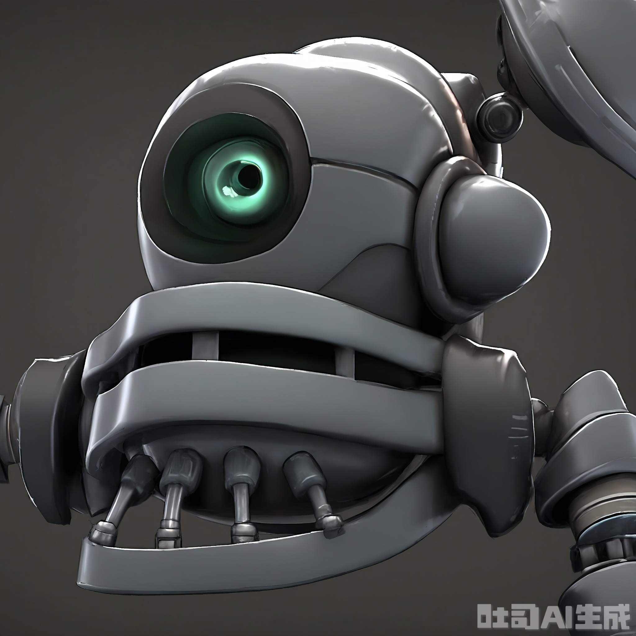 JQR, A 3D CGI visualization of a cool, anthropomorphic iron robot with a cyan and gray color scheme. It's placed against a dark gray background. The robot has a angular head with two glowing cyan eyes and a small, gray visor. Its body is covered in a series of small, cyan panels that light up. It has two long, gray iron arms with retractable blades. The dark gray background gives it a stealthy and high-tech look.