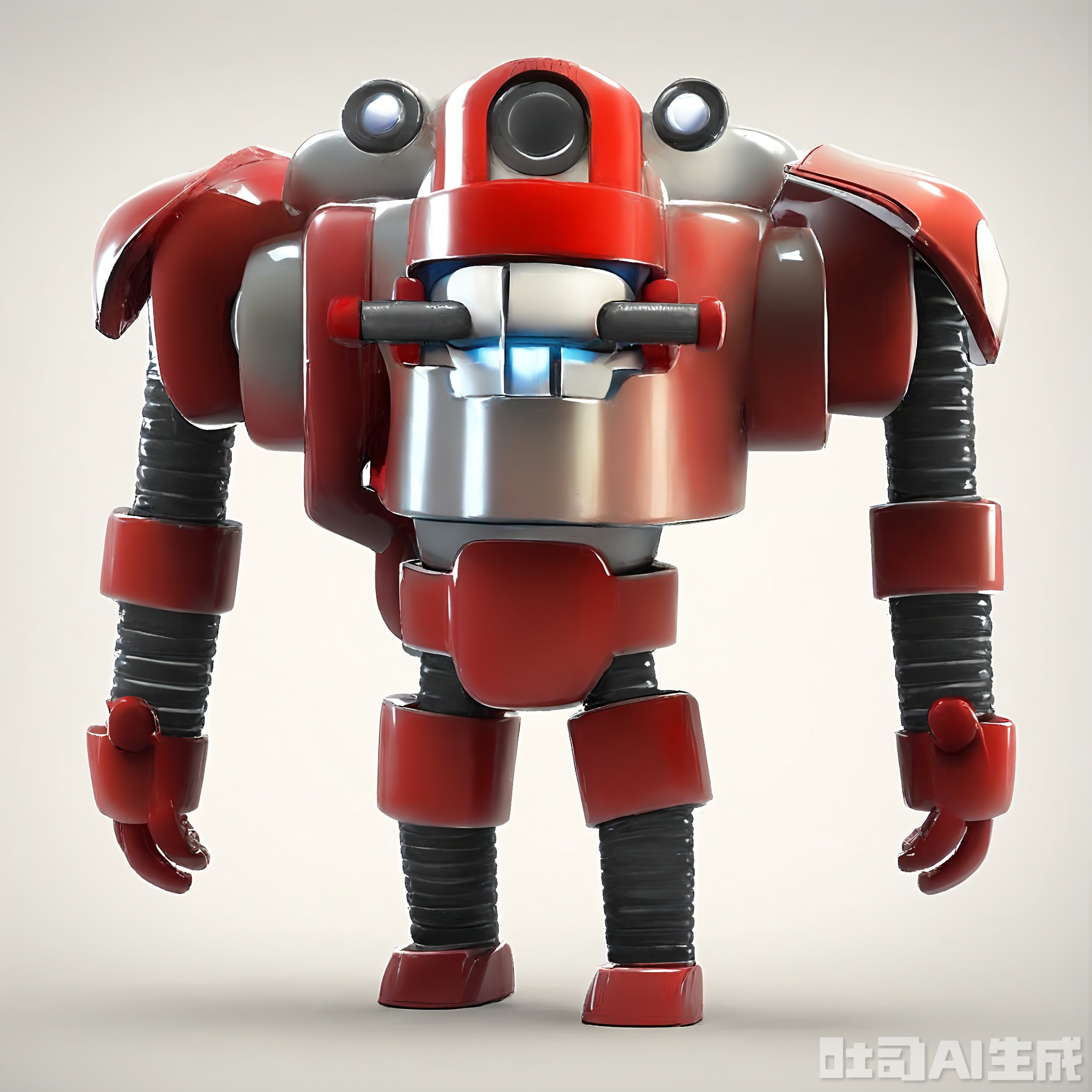 JQR, A 3D CGI render of a sporty, anthropomorphic iron robot with a red and white color scheme. It's set against a bright white background. The robot has a helmet-like head with a red stripe and two small, white eyes. Its body is shaped like a athlete's torso with a red number "7" on the front. It has two strong, white iron arms with red gloves. The crisp white background makes it look ready for action.

