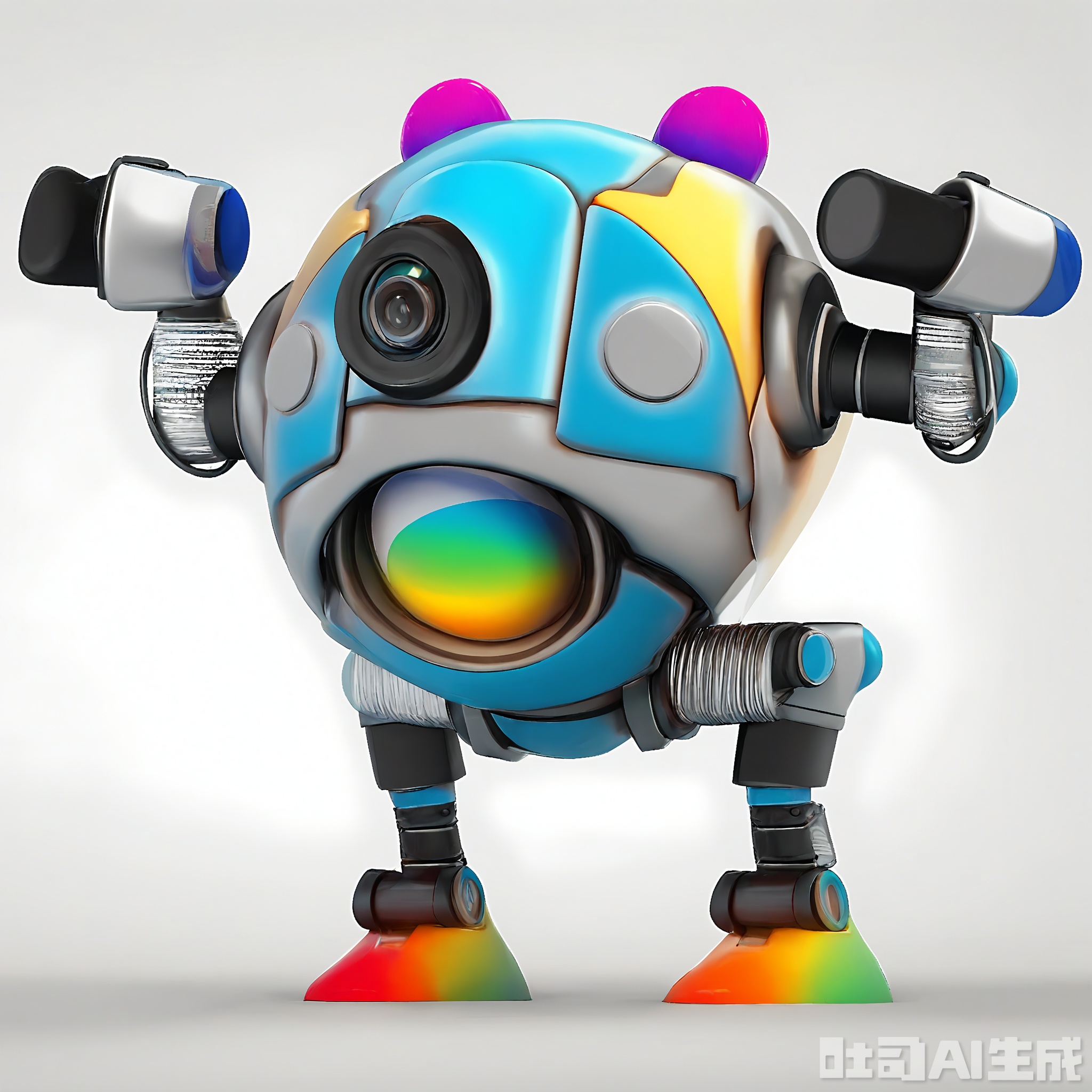 JQR, A 3D CGI visualization of a playful, anthropomorphic iron robot with a rainbow color scheme. It's placed against a white background. The robot has a round, multi-colored head with eyes that change color and a big, rainbow smile. Its body is covered in small, rainbow-colored dots. It has two short, rainbow iron arms that can spin around. The clean white background makes its vibrant colors stand out even more.